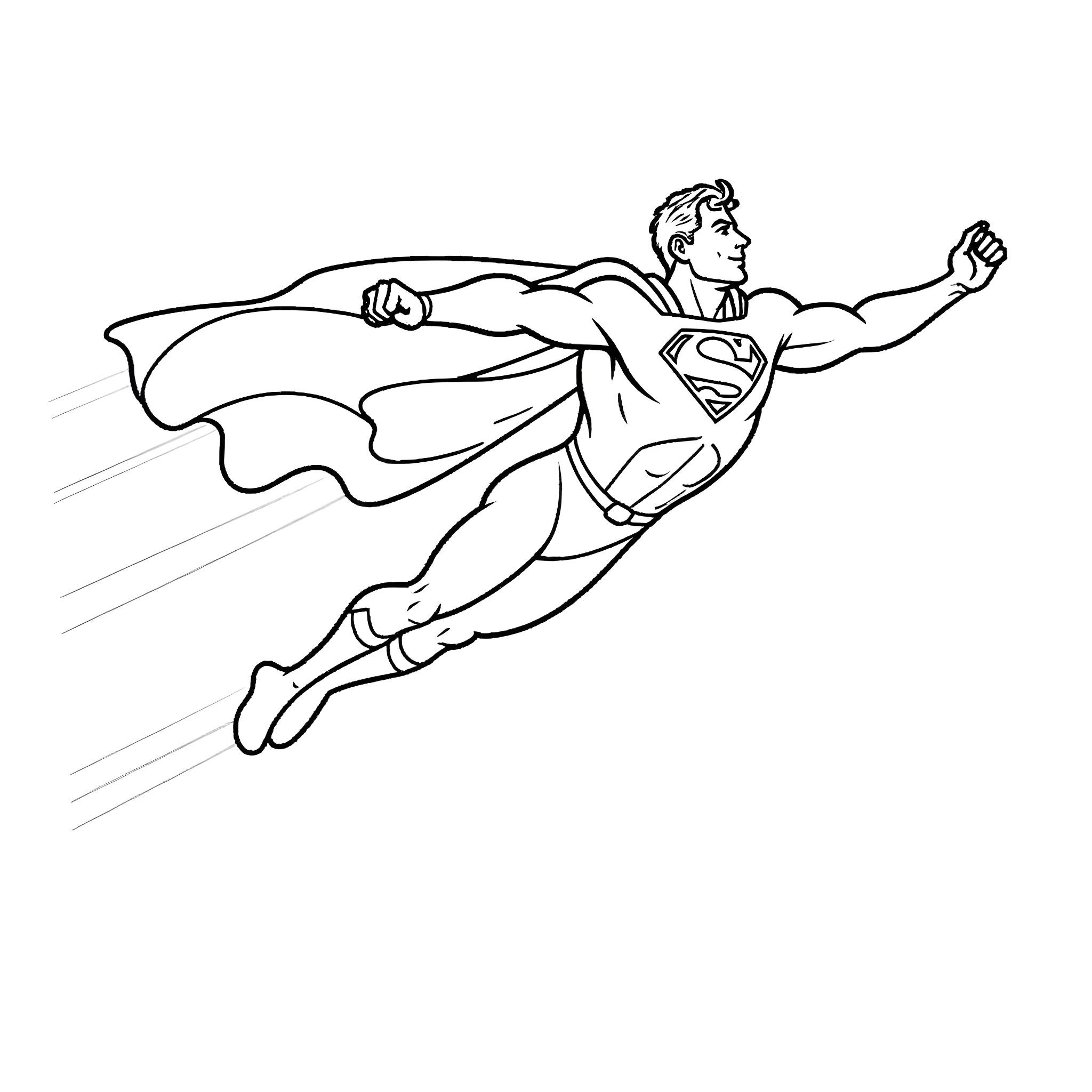 Superman soaring through the skies Coloring Page (free black-and-white line drawing printable PDF for all, from beginners to advanced learners, including children, teens, adults, and seniors)