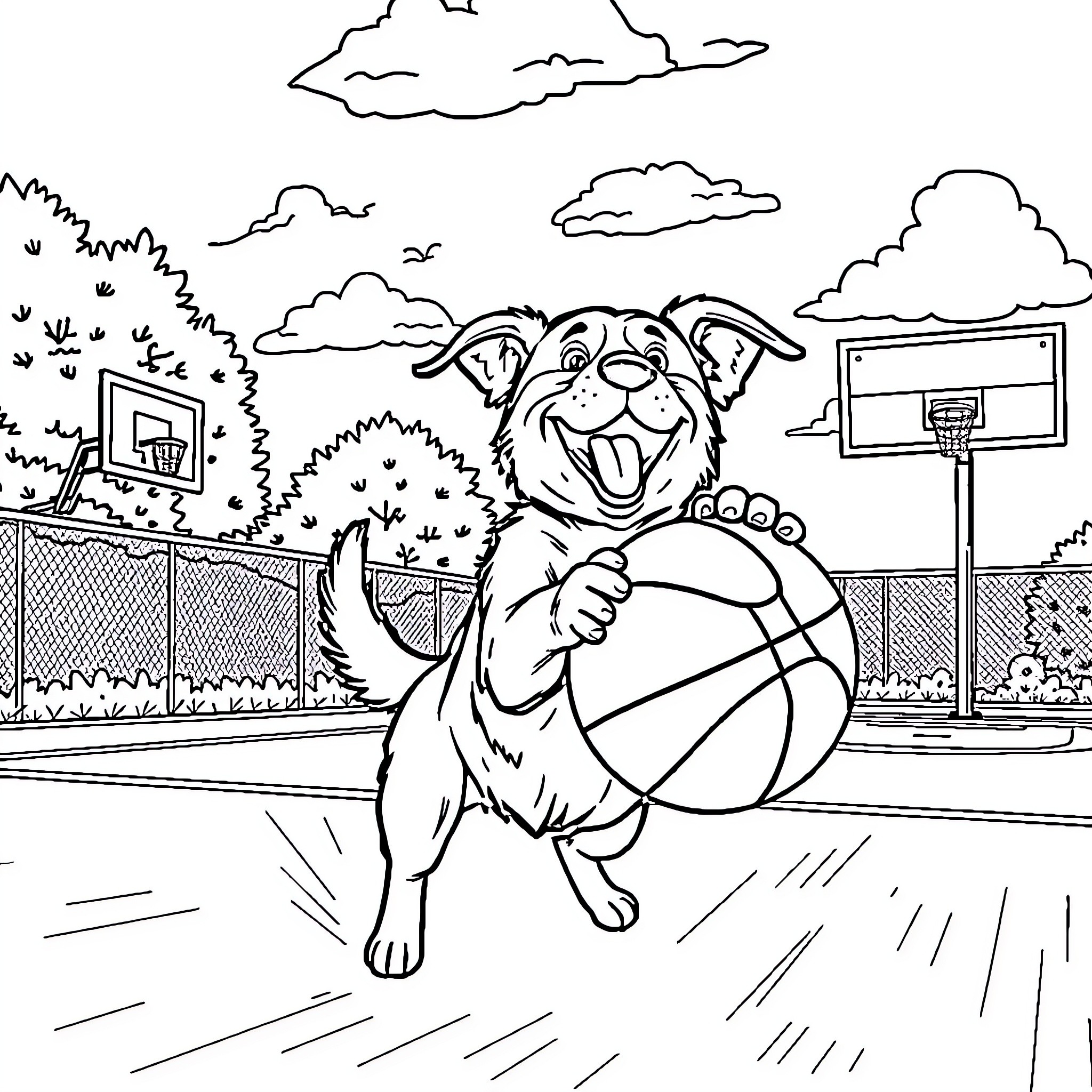 Dog Playing Basketball on the Court Coloring Page (free black-and-white line drawing printable PDF for all, from beginners to advanced learners, including children, teens, adults, and seniors)