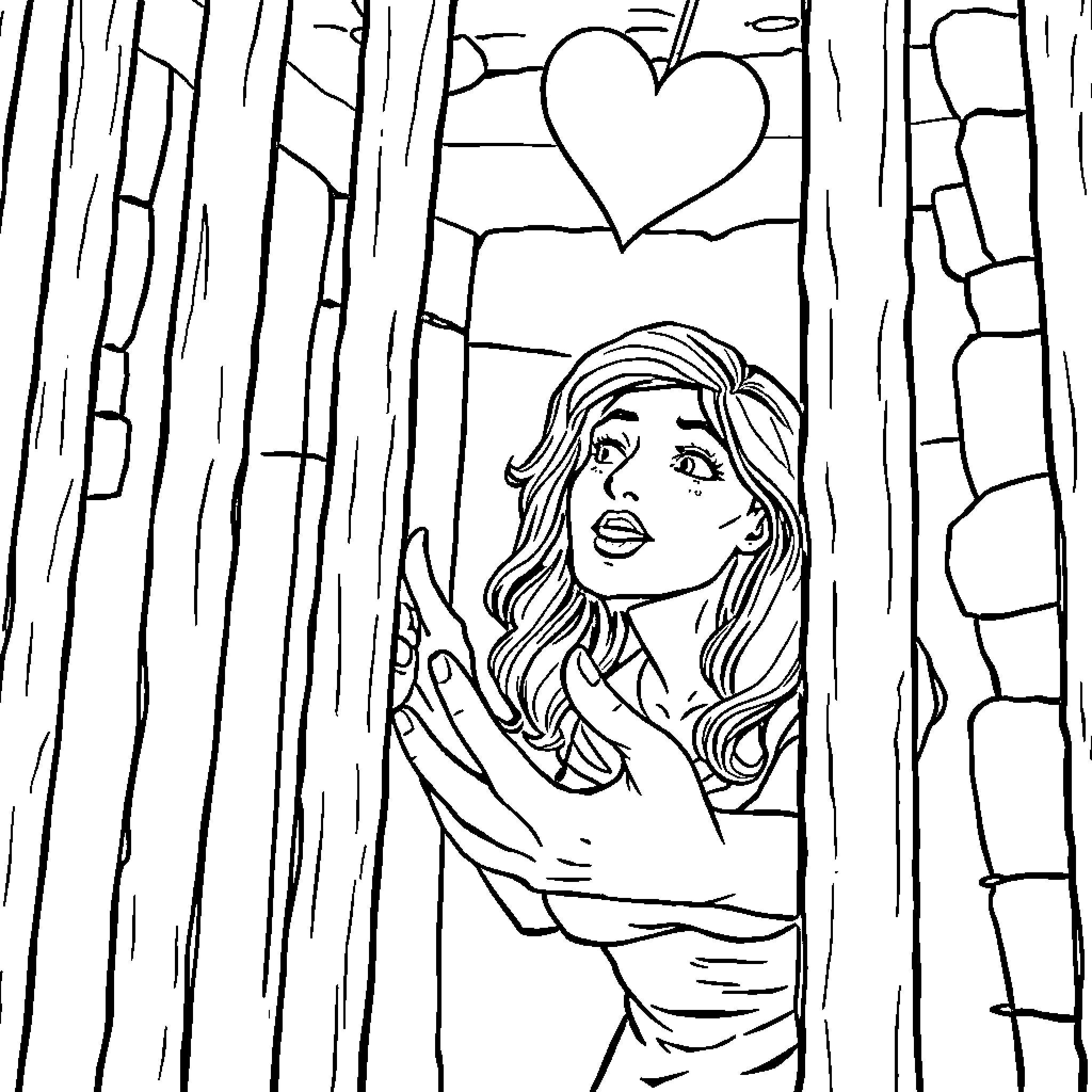Woman expressing surprise in a heart-filled, abstract setting Coloring Page (free black-and-white line drawing printable PDF for all, from beginners to advanced learners, including children, teens, adults, and seniors)
