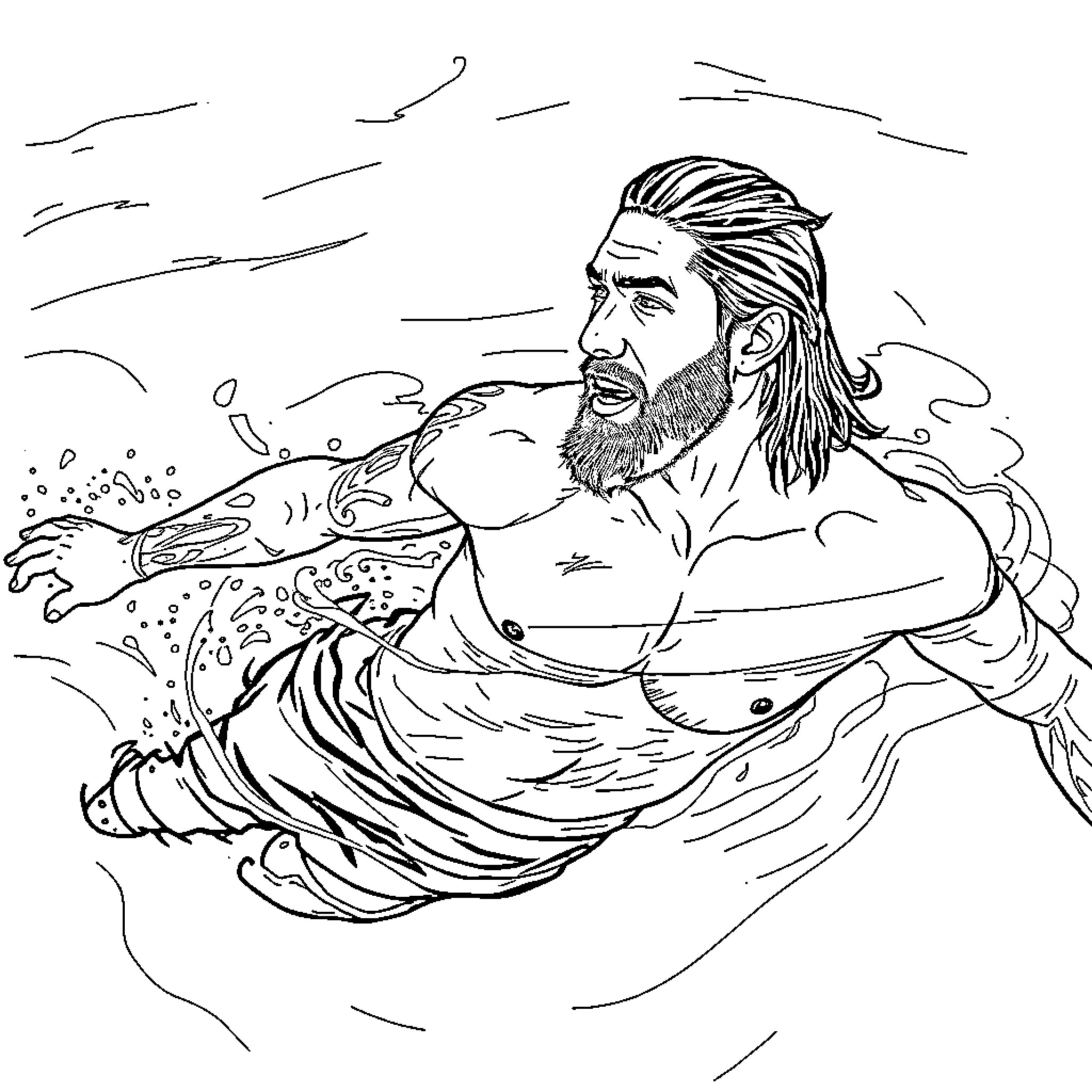 Romin Reigns - Powerful warrior emerging from the waves Coloring Page (free black-and-white line drawing printable PDF for all, from beginners to advanced learners, including children, teens, adults, and seniors)