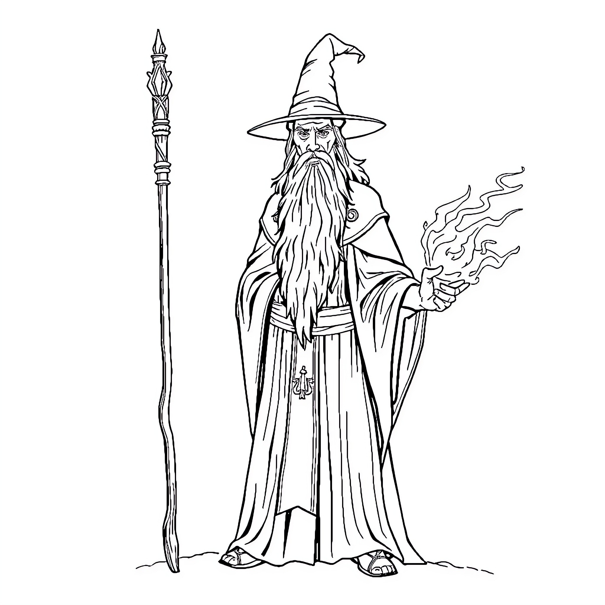 Gandalf the Wizard Casting a Spell Coloring Page (free black-and-white line drawing printable PDF for all, from beginners to advanced learners, including children, teens, adults, and seniors)