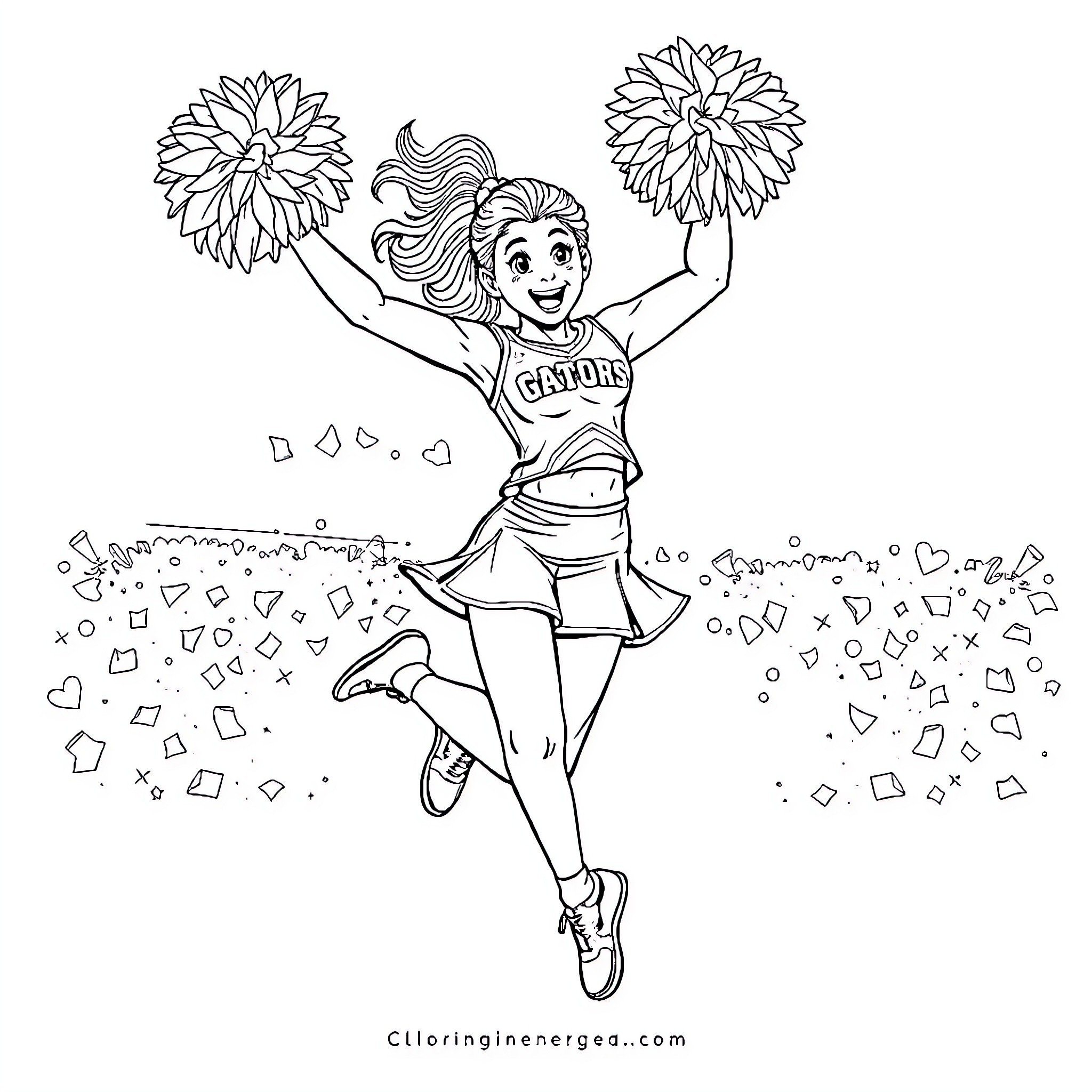 Cheerleader performing energetic routine with pom-poms Coloring Page (free black-and-white line drawing printable PDF for all, from beginners to advanced learners, including children, teens, adults, and seniors)