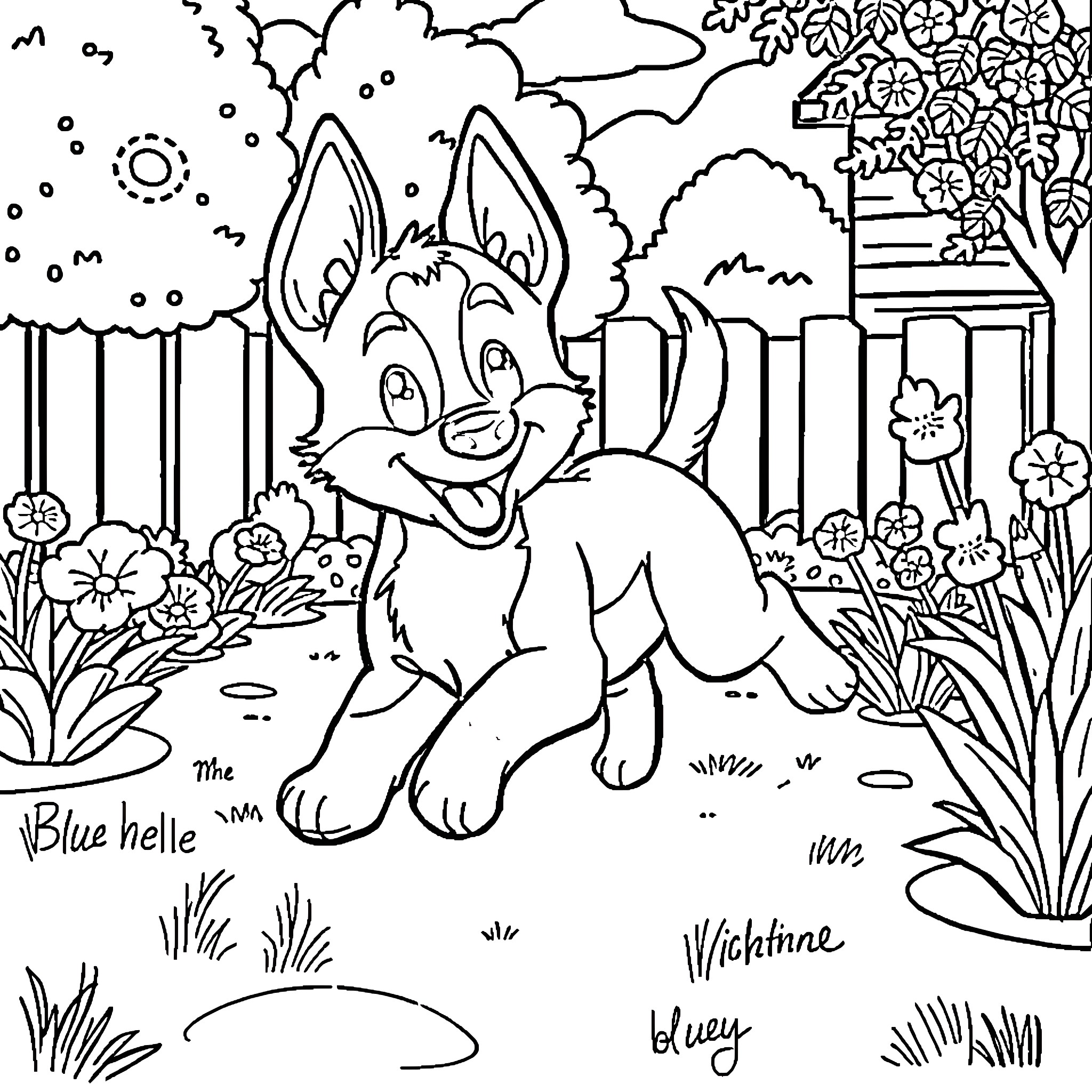 Bluey playing happily in the flower garden Coloring Page (free black-and-white line drawing printable PDF for all, from beginners to advanced learners, including children, teens, adults, and seniors)