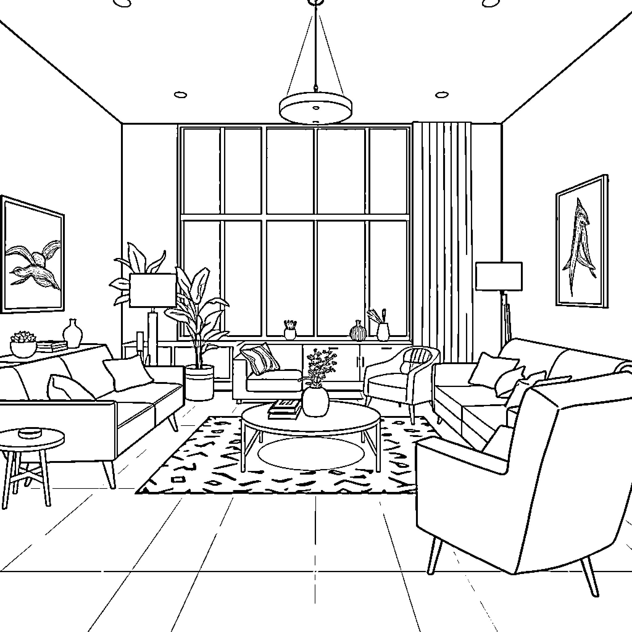 Room Decor with Stylish Furniture and Artwork Coloring Page (free black-and-white line drawing printable PDF for all, from beginners to advanced learners, including children, teens, adults, and seniors)