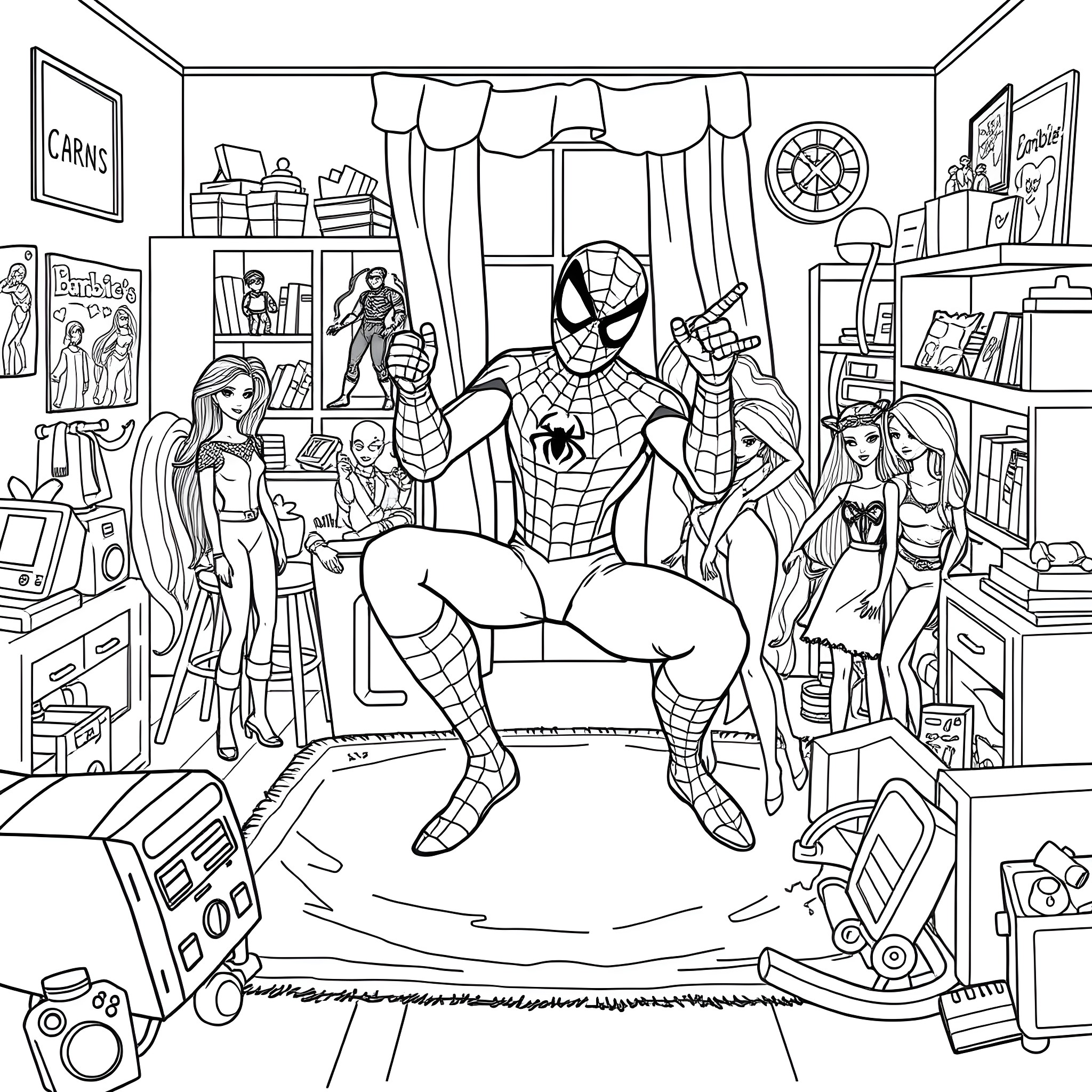 Spiderman in an action-packed comic book scene Coloring Page (free black-and-white line drawing printable PDF for all, from beginners to advanced learners, including children, teens, adults, and seniors)