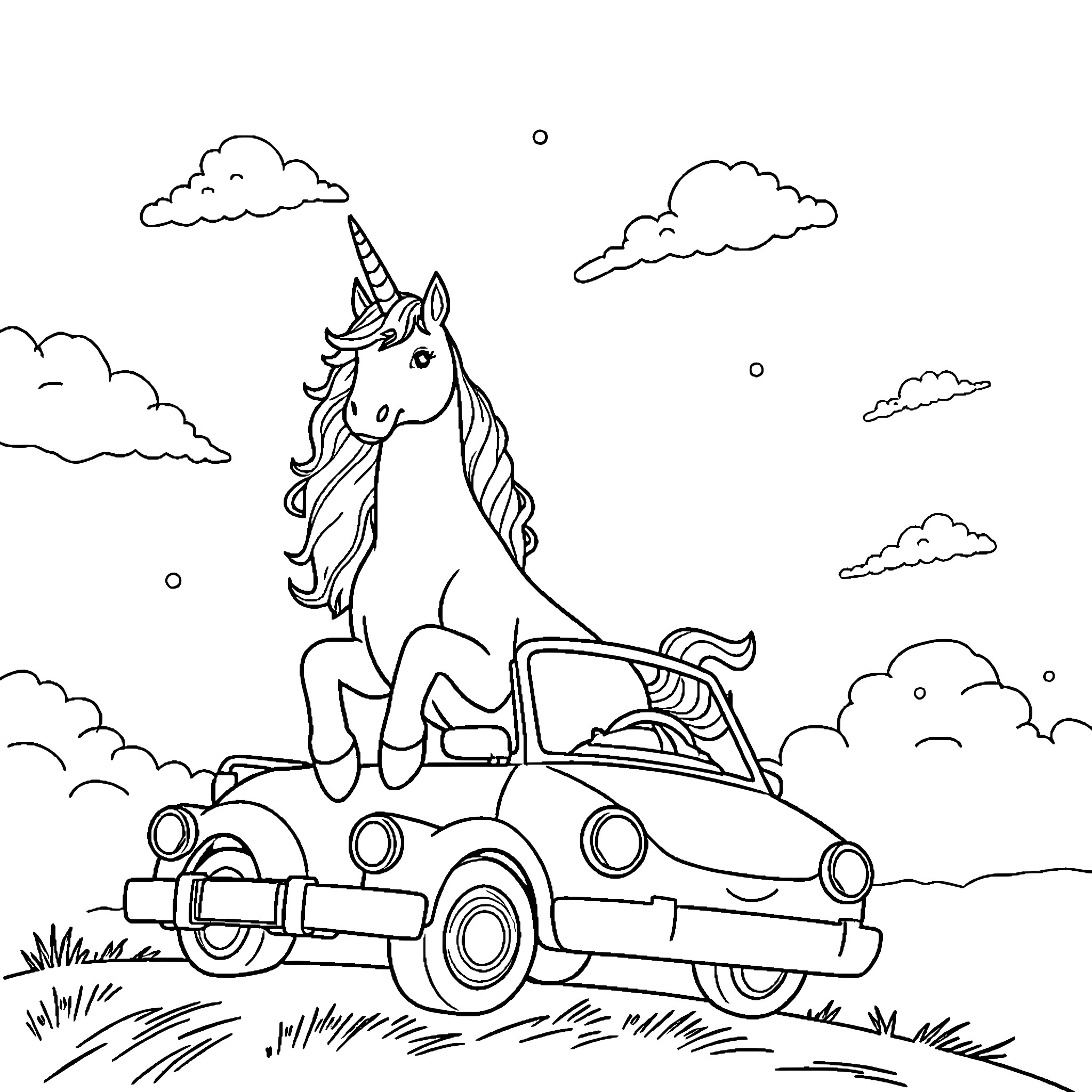 Unicorn riding a vintage car through the clouds Coloring Page (free black-and-white line drawing printable PDF for all, from beginners to advanced learners, including children, teens, adults, and seniors)