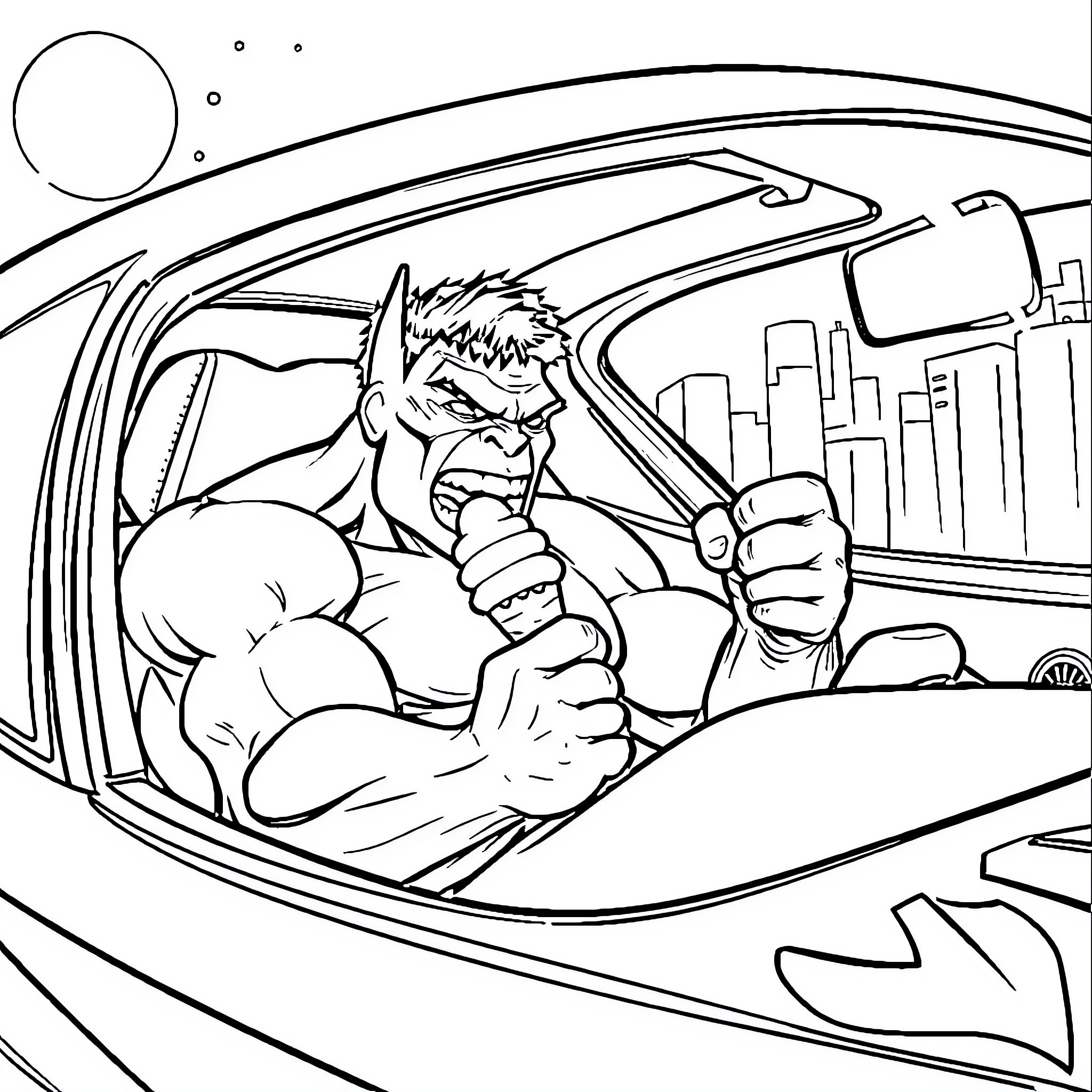 Hulk driving furiously through the city Coloring Page (free black-and-white line drawing printable PDF for all, from beginners to advanced learners, including children, teens, adults, and seniors)