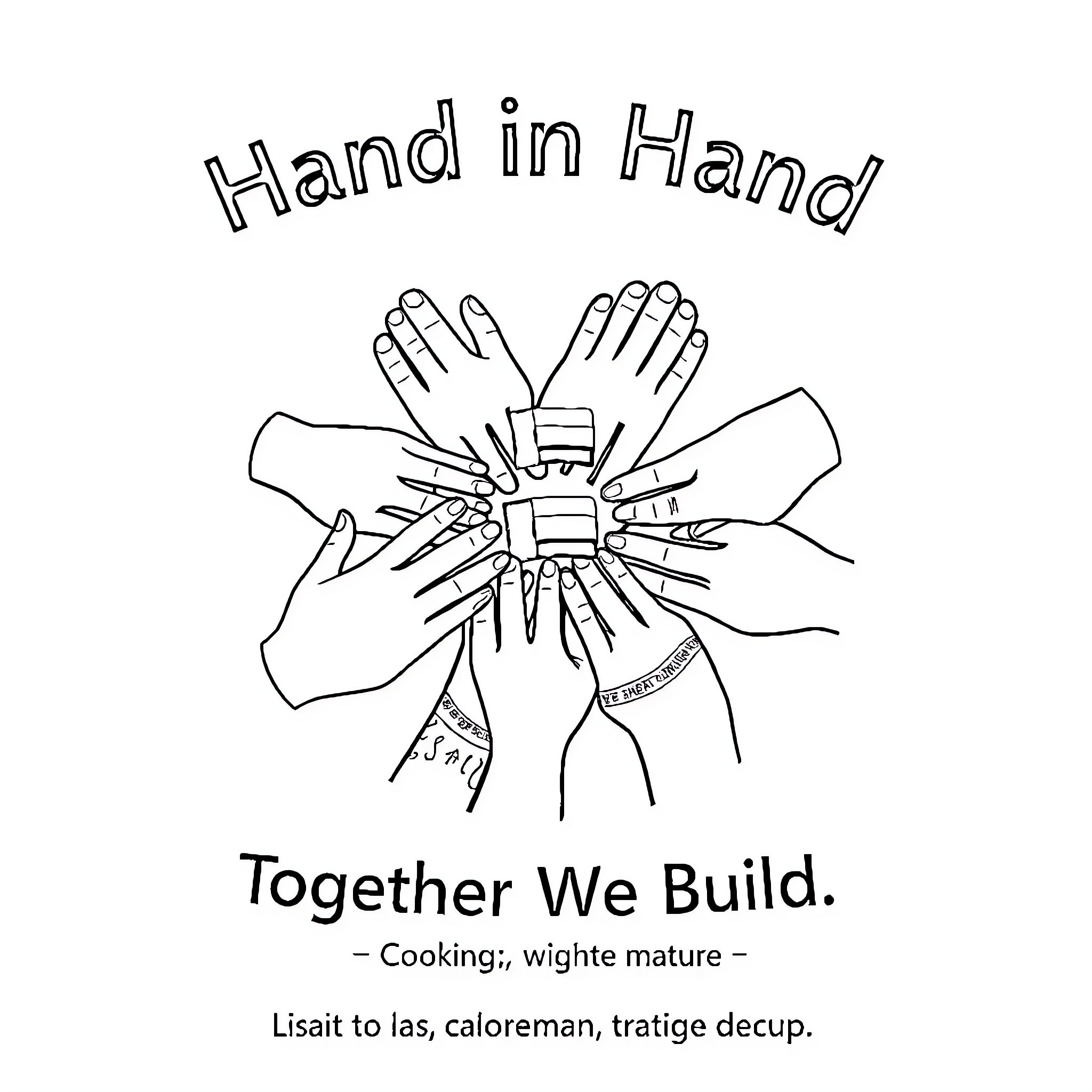 Hand in Hand: Together We Build Coloring Page (free black-and-white line drawing printable PDF for all, from beginners to advanced learners, including children, teens, adults, and seniors)