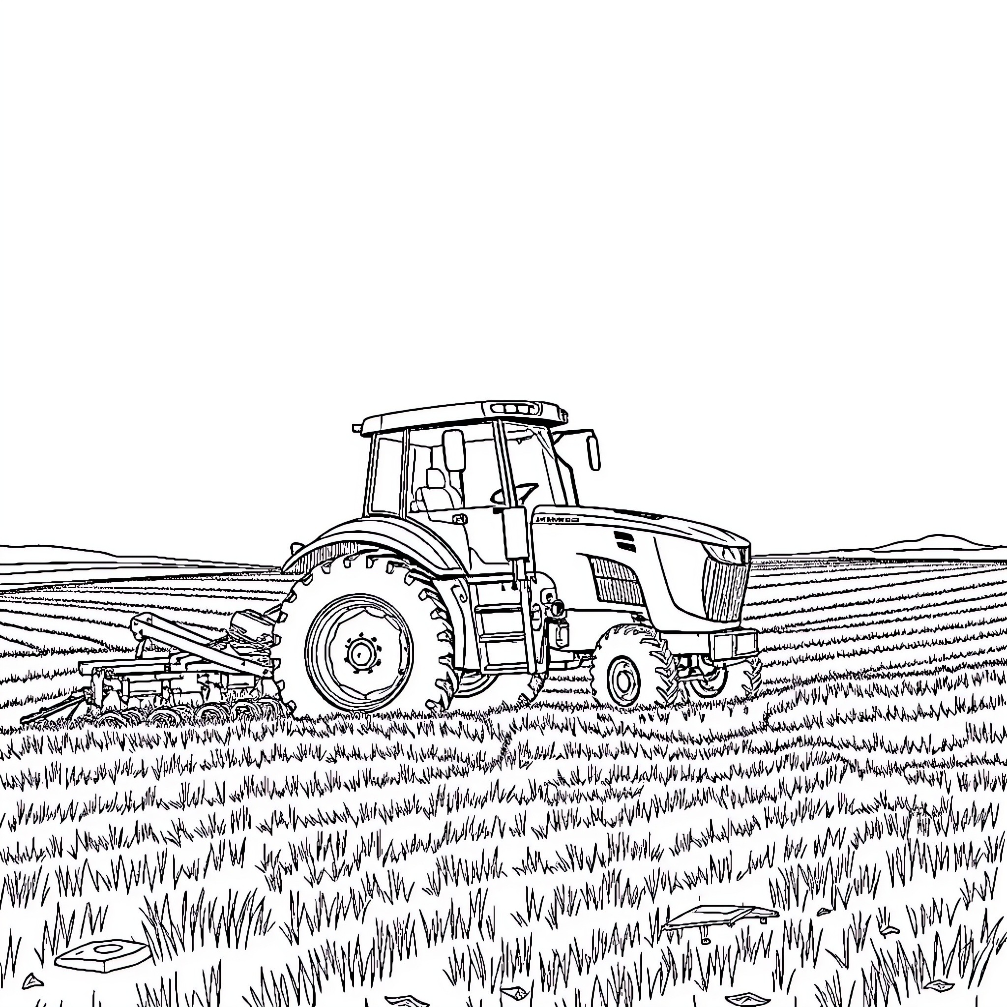 Tractor plowing through a field Coloring Page (free black-and-white line drawing printable PDF for all, from beginners to advanced learners, including children, teens, adults, and seniors)