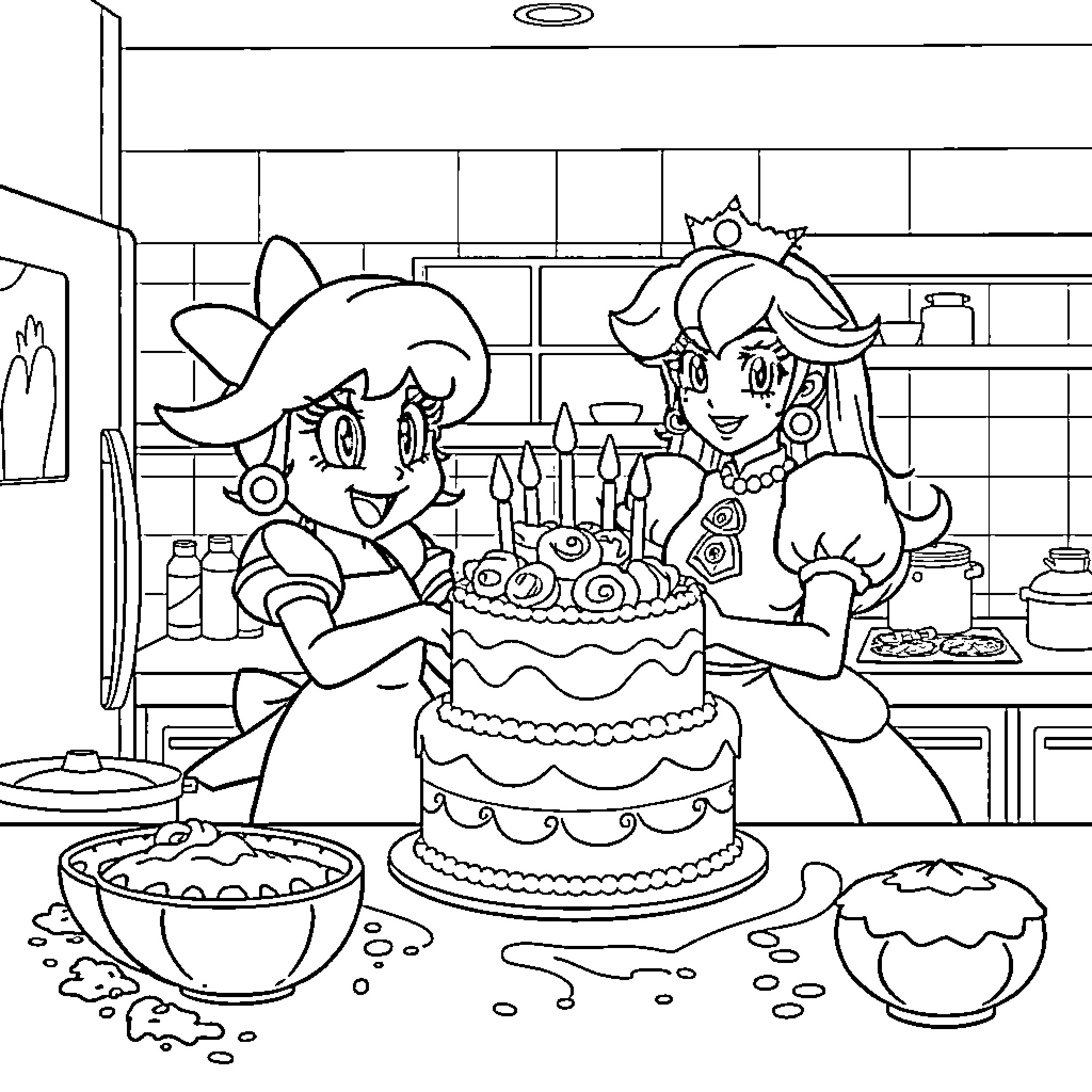 Princess Baking a Cake with Friend in the Kitchen Coloring Page (free black-and-white line drawing printable PDF for all, from beginners to advanced learners, including children, teens, adults, and seniors)