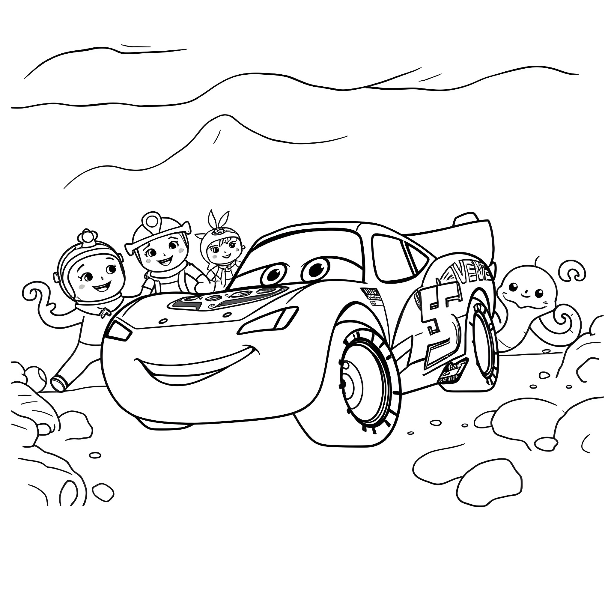 Lightning McQueen racing with friends in the desert Coloring Page (free black-and-white line drawing printable PDF for all, from beginners to advanced learners, including children, teens, adults, and seniors)