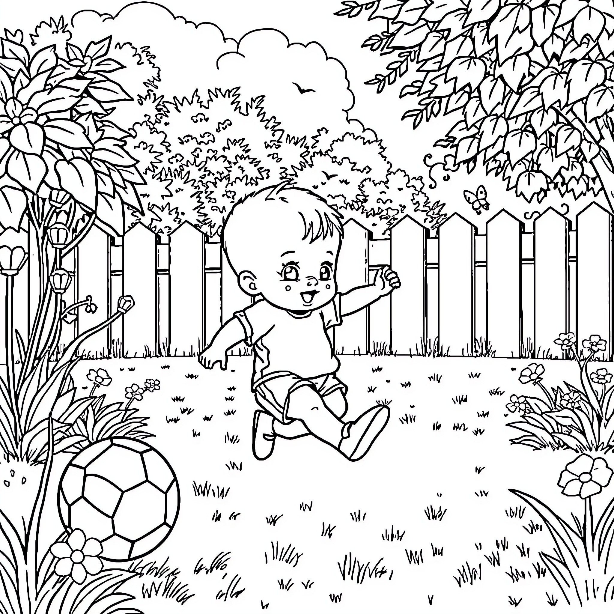 Bebe playing joyfully with soccer ball in garden Coloring Page (free black-and-white line drawing printable PDF for all, from beginners to advanced learners, including children, teens, adults, and seniors)