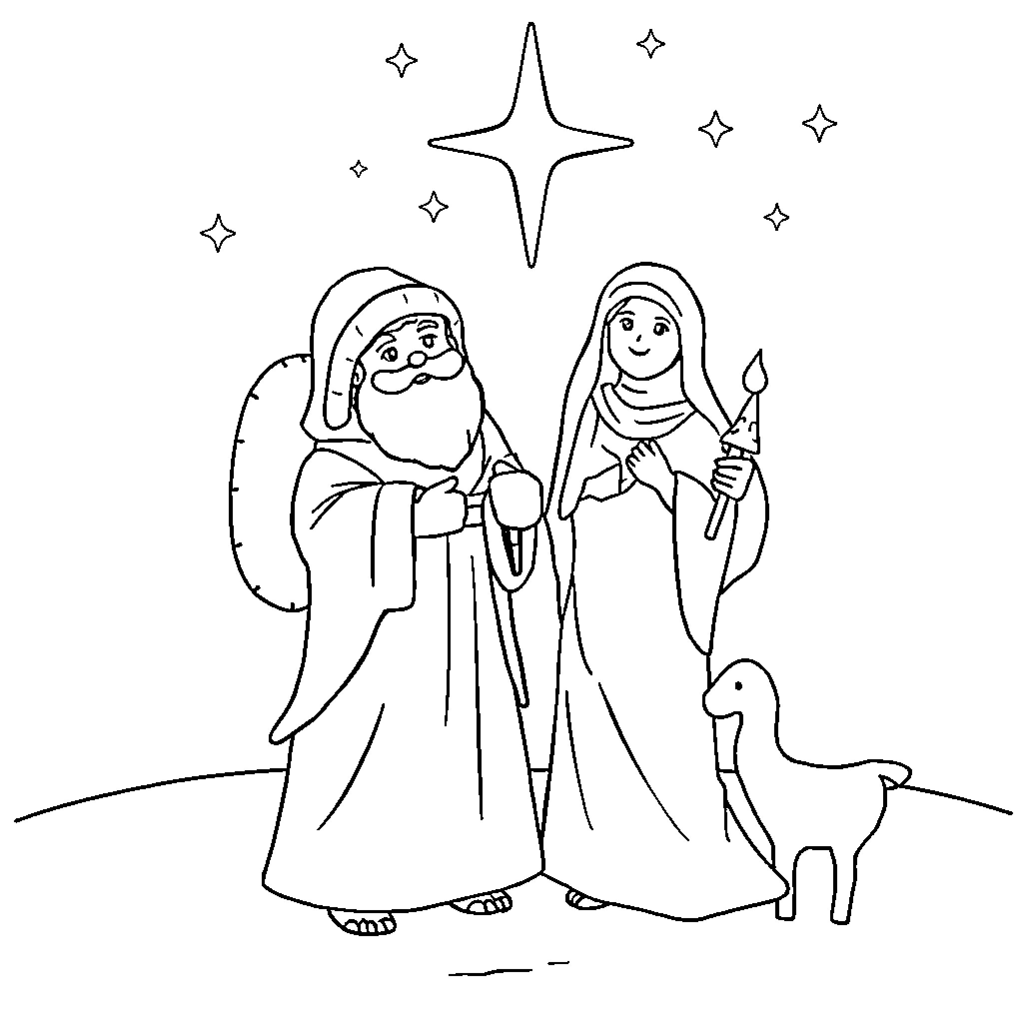 Holy Week - Traditional Nativity Scene Depiction Coloring Page (free black-and-white line drawing printable PDF for all, from beginners to advanced learners, including children, teens, adults, and seniors)