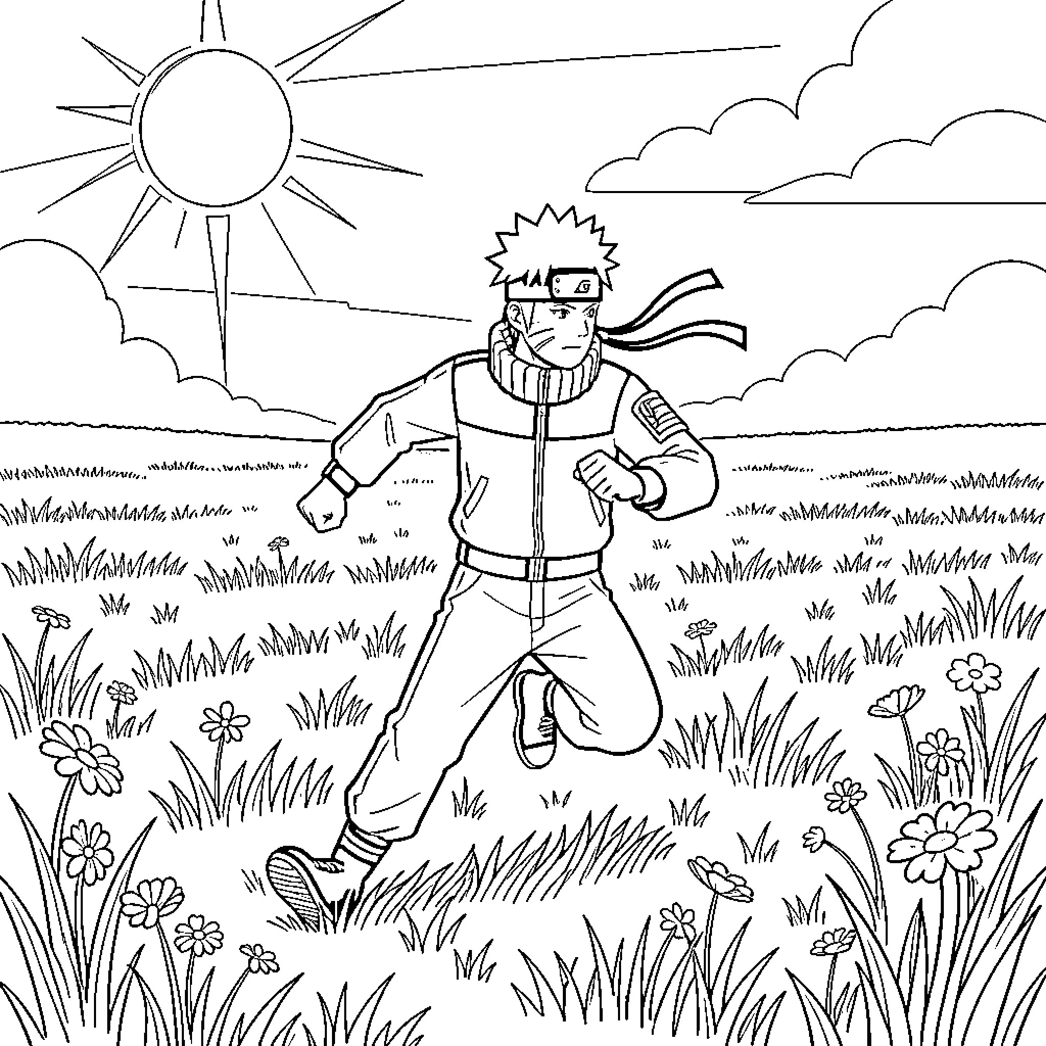 Naruto's Adventure in the Lush Meadow Coloring Page (free black-and-white line drawing printable PDF for all, from beginners to advanced learners, including children, teens, adults, and seniors)