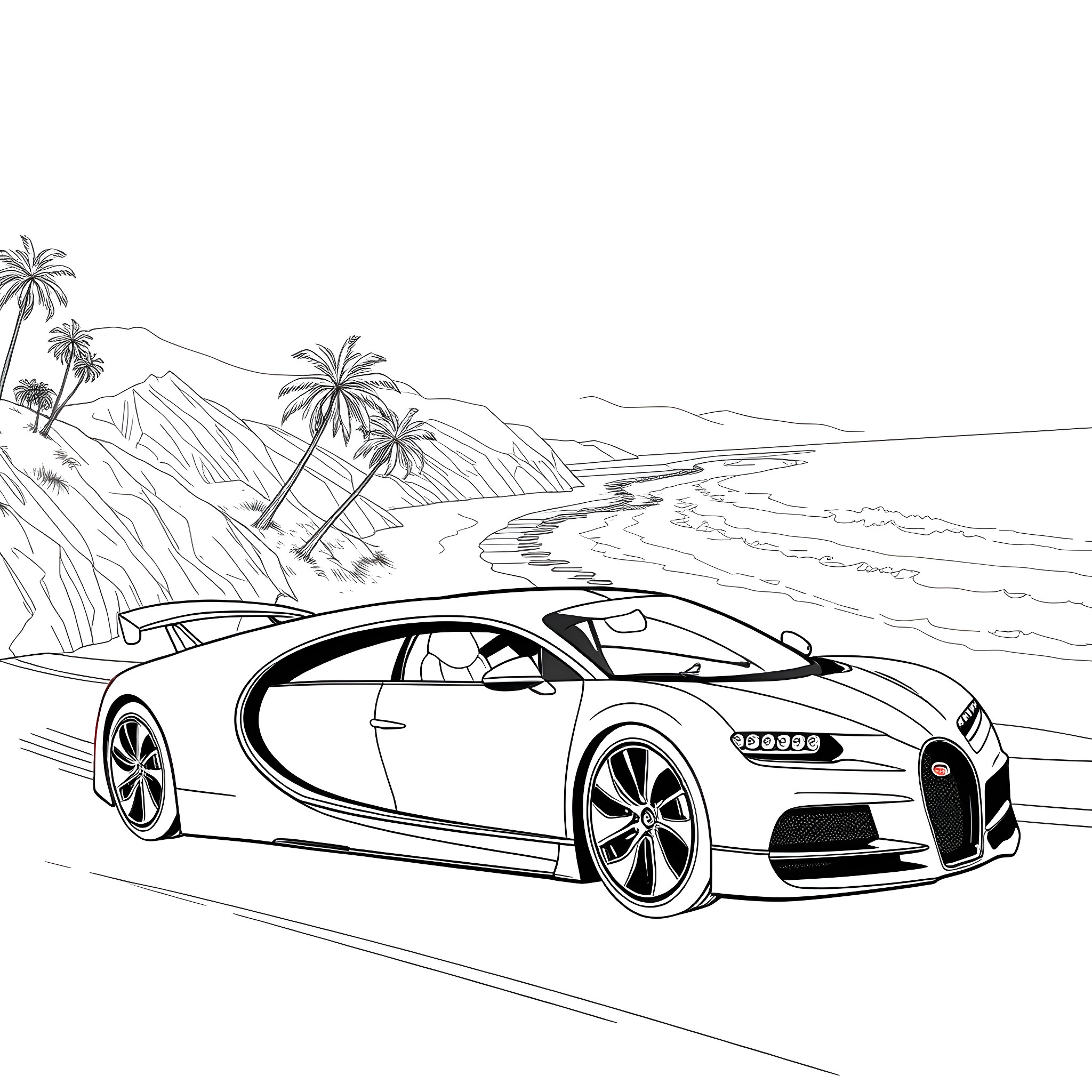 Bugatti supercar on a scenic coastal road Coloring Page (free black-and-white line drawing printable PDF for all, from beginners to advanced learners, including children, teens, adults, and seniors)