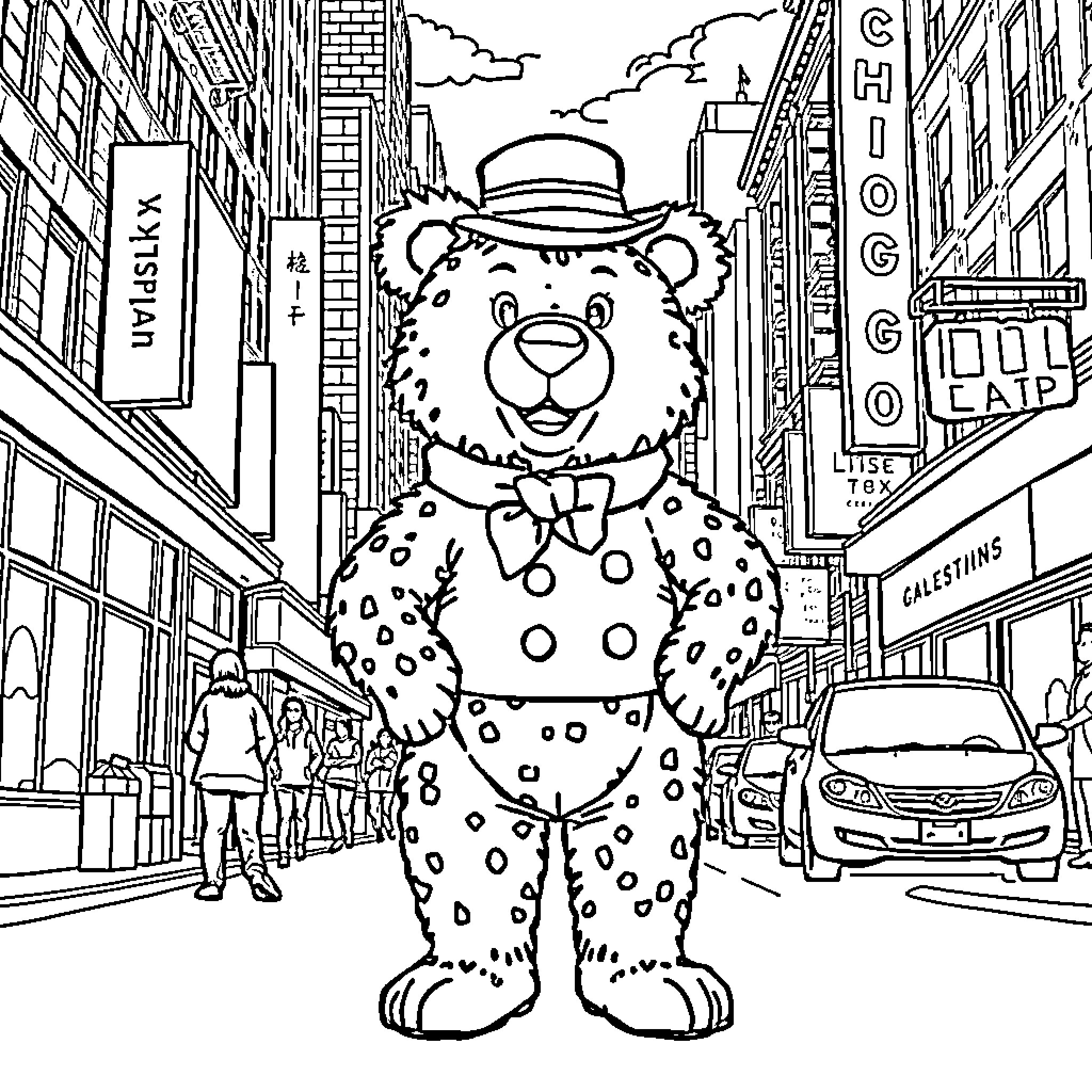 Oski Bear exploring a bustling city street Coloring Page (free black-and-white line drawing printable PDF for all, from beginners to advanced learners, including children, teens, adults, and seniors)