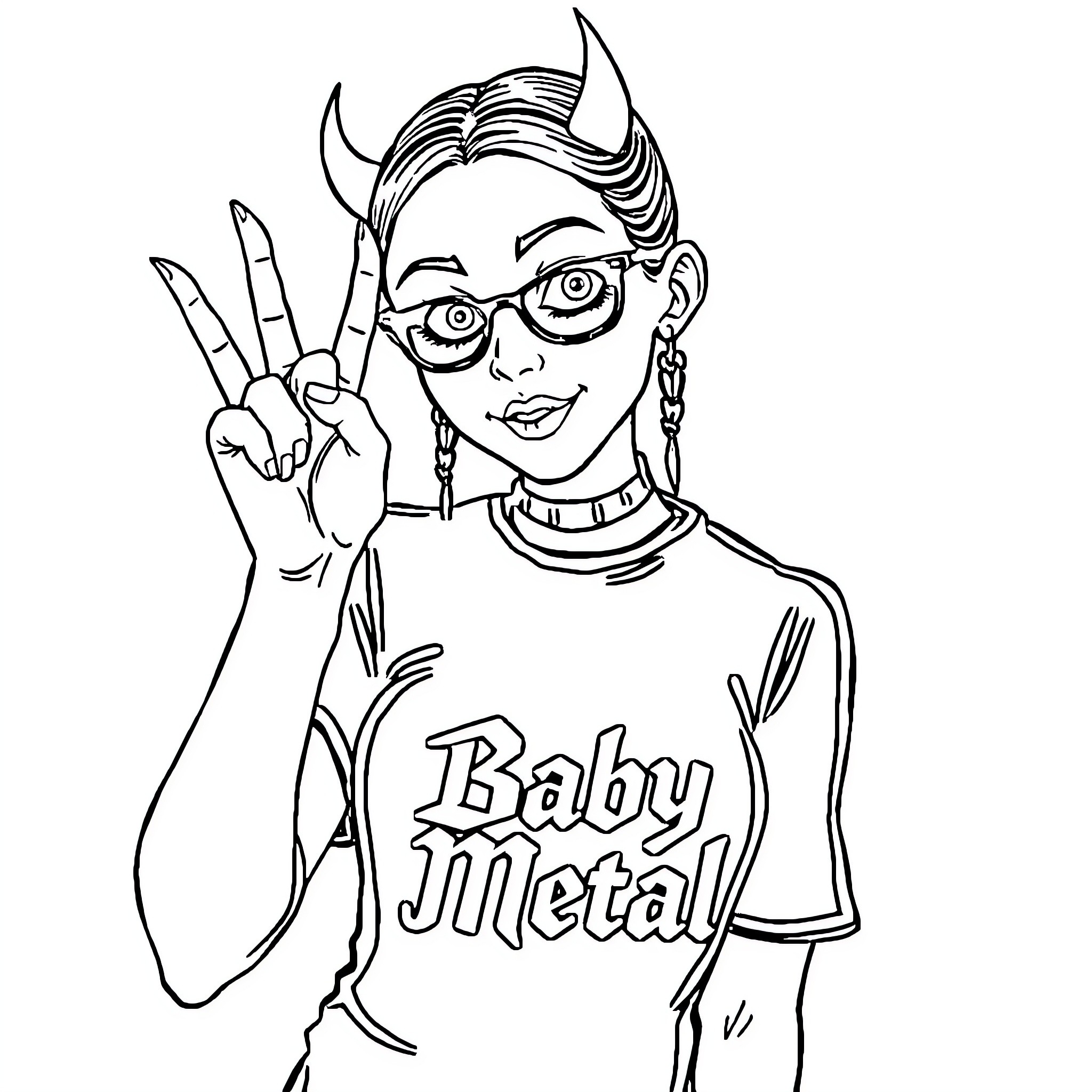 Wednesday Addams flashing the peace sign in a Baby Metal shirt Coloring Page (free black-and-white line drawing printable PDF for all, from beginners to advanced learners, including children, teens, adults, and seniors)
