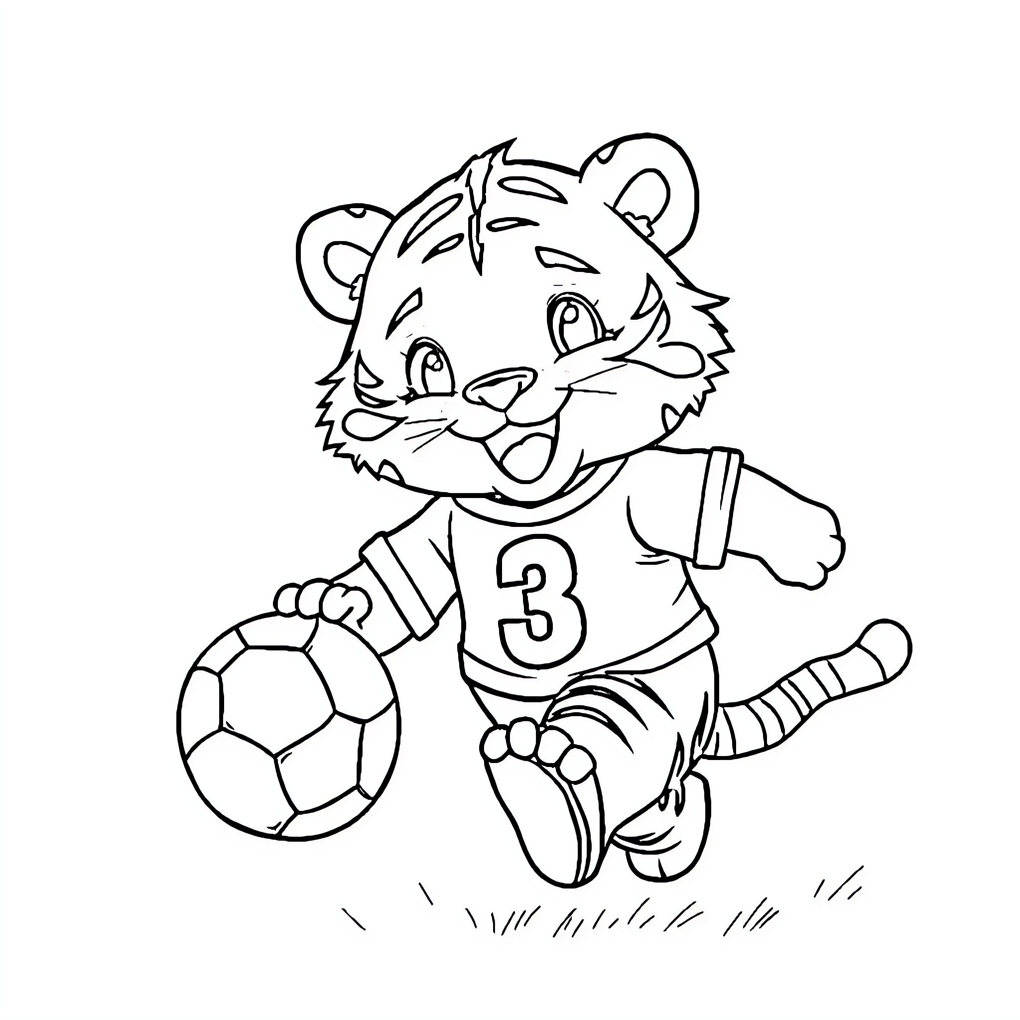 Tiger cub playing with soccer ball Coloring Page (free black-and-white line drawing printable PDF for all, from beginners to advanced learners, including children, teens, adults, and seniors)
