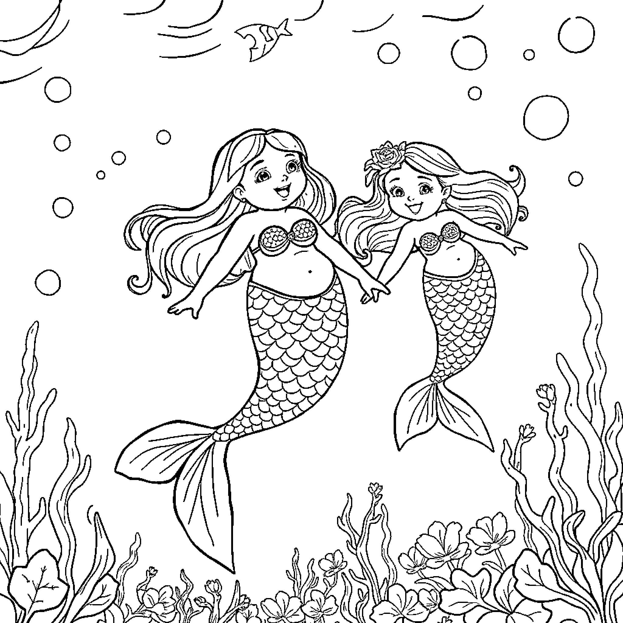 Mermaid friends explore the underwater world Coloring Page (free black-and-white line drawing printable PDF for all, from beginners to advanced learners, including children, teens, adults, and seniors)