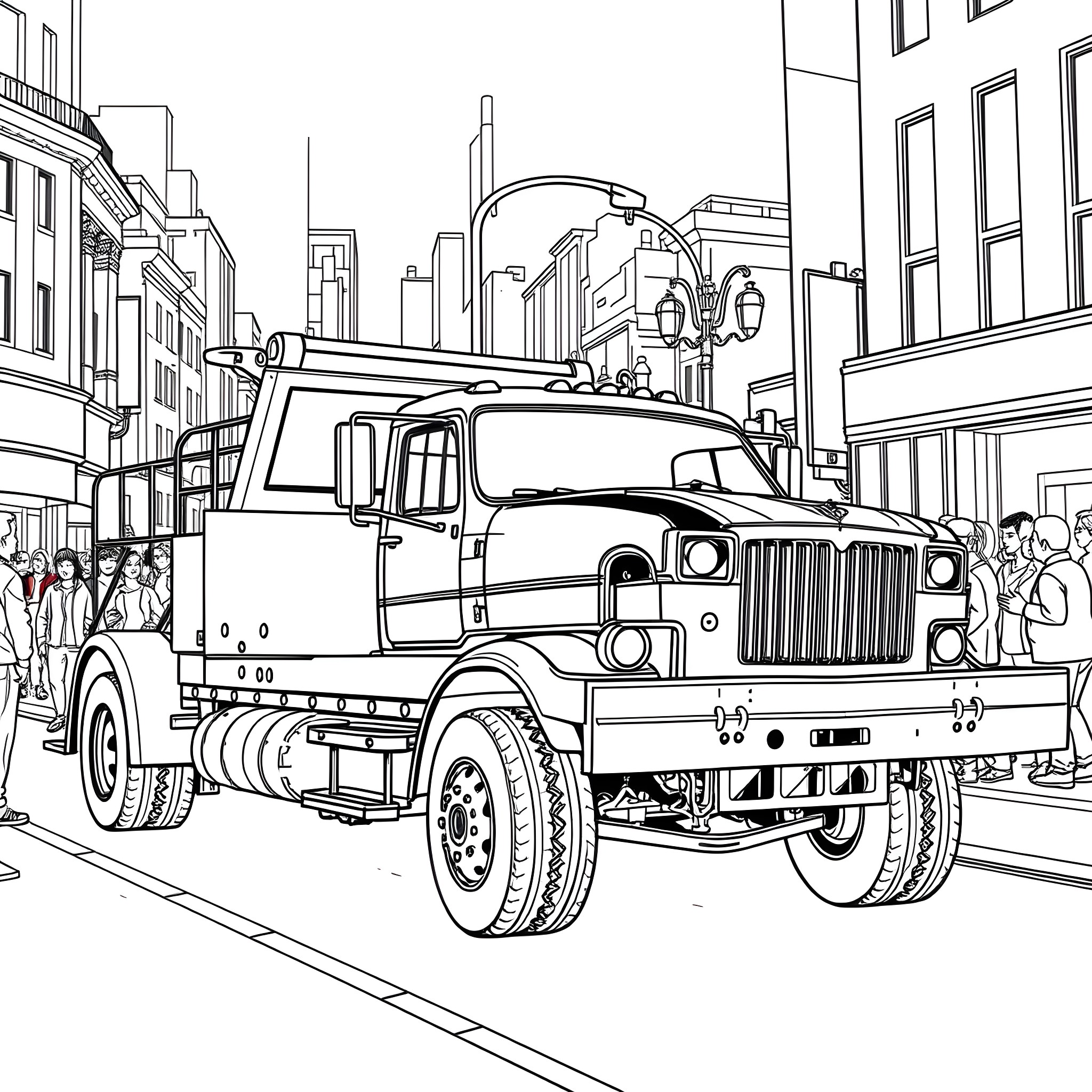 Wrecker Truck Assisting in Urban Environment Coloring Page (free black-and-white line drawing printable PDF for all, from beginners to advanced learners, including children, teens, adults, and seniors)