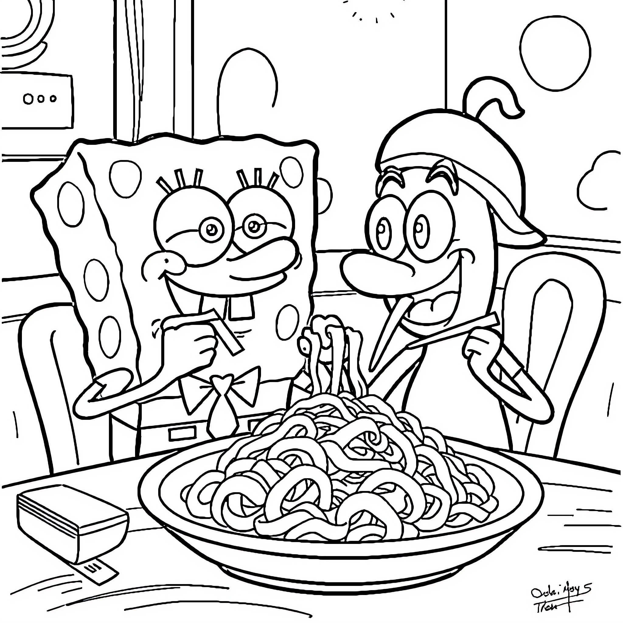 Spongebob and Patrick eating spaghetti happily Coloring Page (free black-and-white line drawing printable PDF for all, from beginners to advanced learners, including children, teens, adults, and seniors)