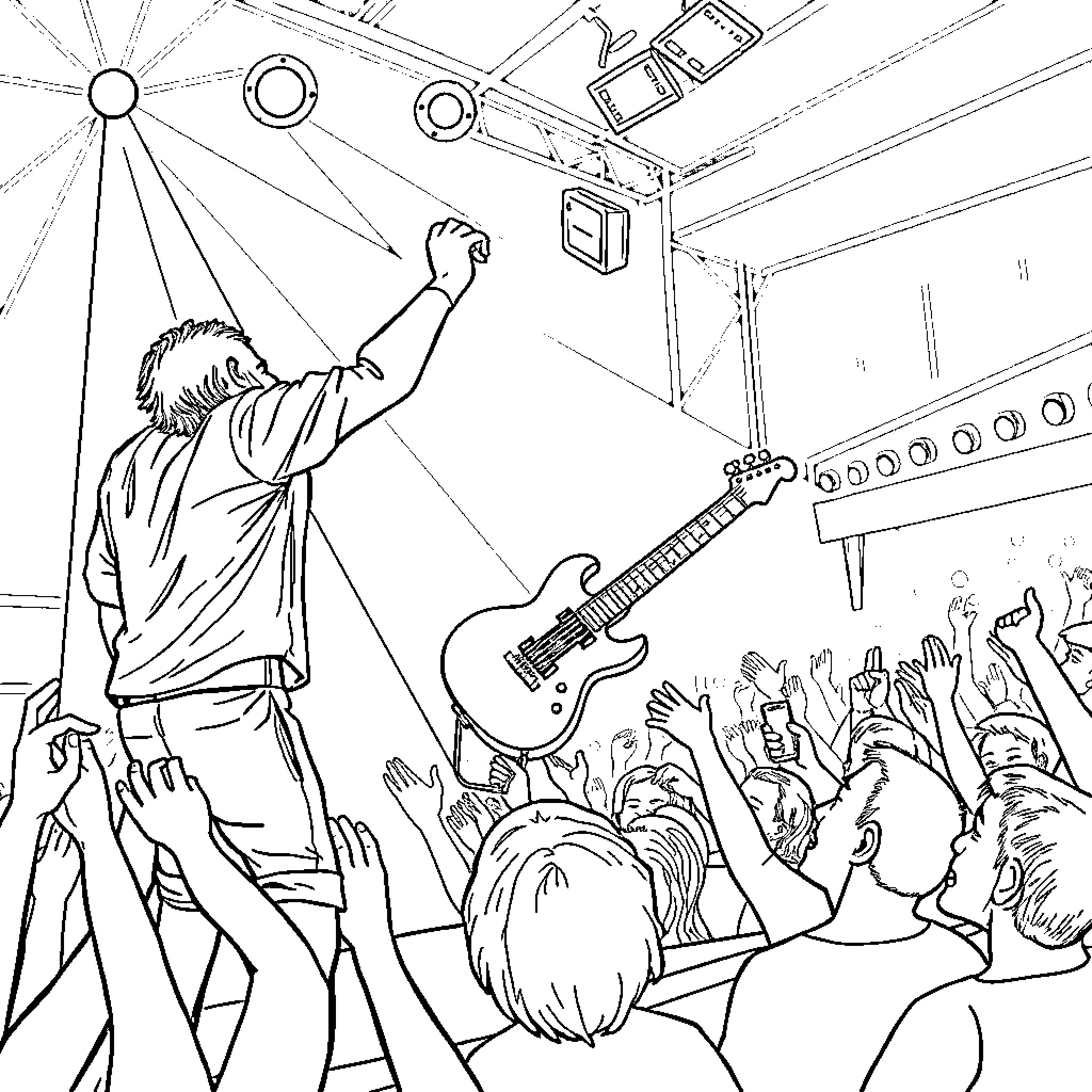 Music Artist Performing on Stage with Adoring Crowd Coloring Page (free black-and-white line drawing printable PDF for all, from beginners to advanced learners, including children, teens, adults, and seniors)