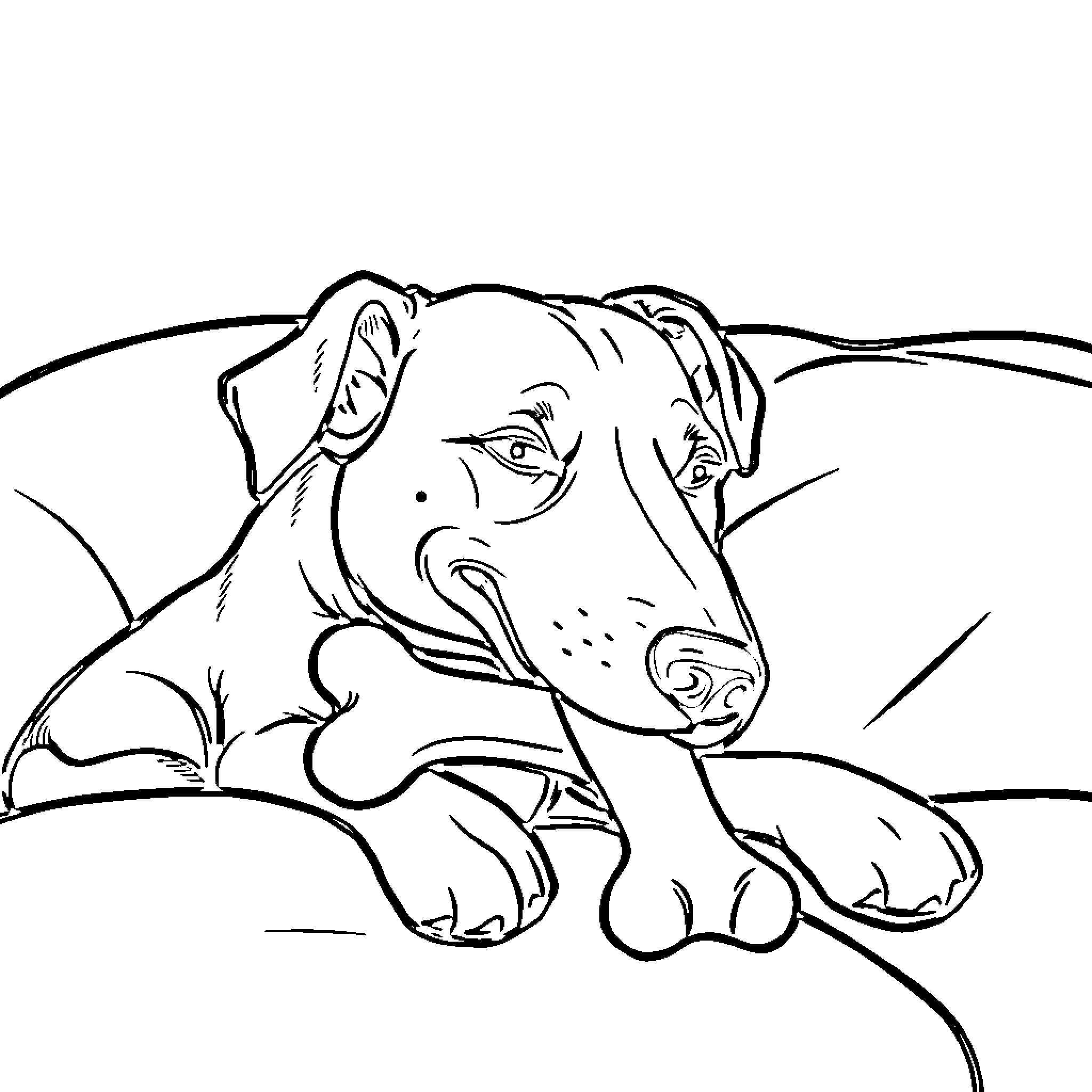 Dog resting peacefully on the ground Coloring Page (free black-and-white line drawing printable PDF for all, from beginners to advanced learners, including children, teens, adults, and seniors)