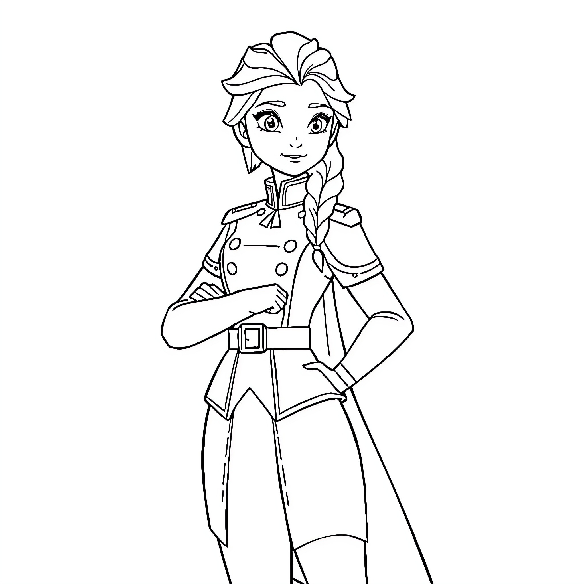 Elsa in adventurous explorer outfit Coloring Page (free black-and-white line drawing printable PDF for all, from beginners to advanced learners, including children, teens, adults, and seniors)