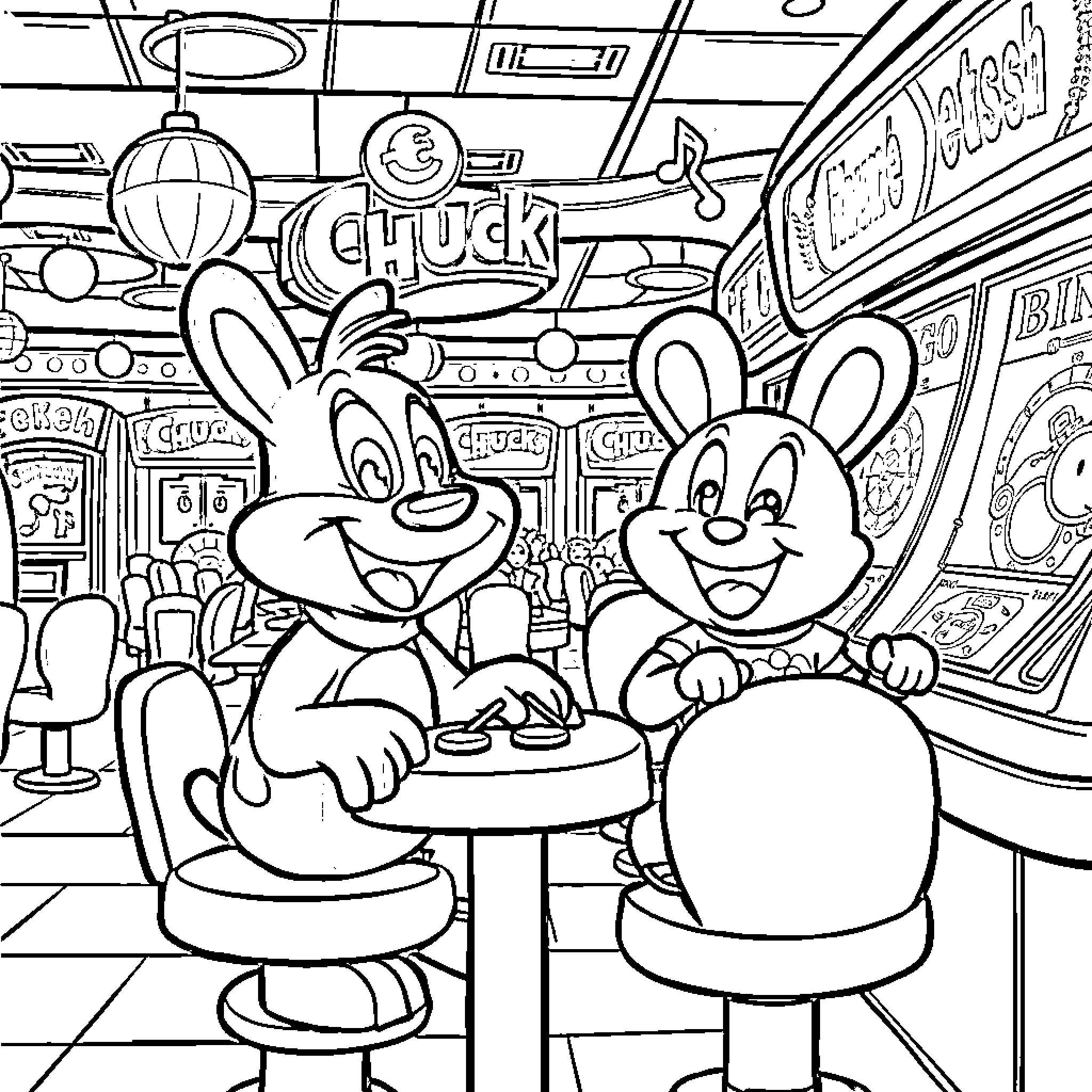 Bluey's Fun at the Arcade Coloring Page (free black-and-white line drawing printable PDF for all, from beginners to advanced learners, including children, teens, adults, and seniors)