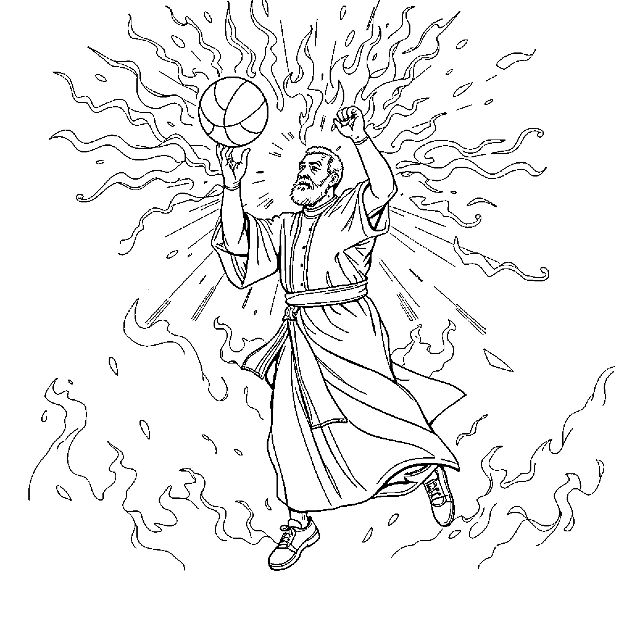 Priest performing spiritual ritual with intense focus Coloring Page (free black-and-white line drawing printable PDF for all, from beginners to advanced learners, including children, teens, adults, and seniors)