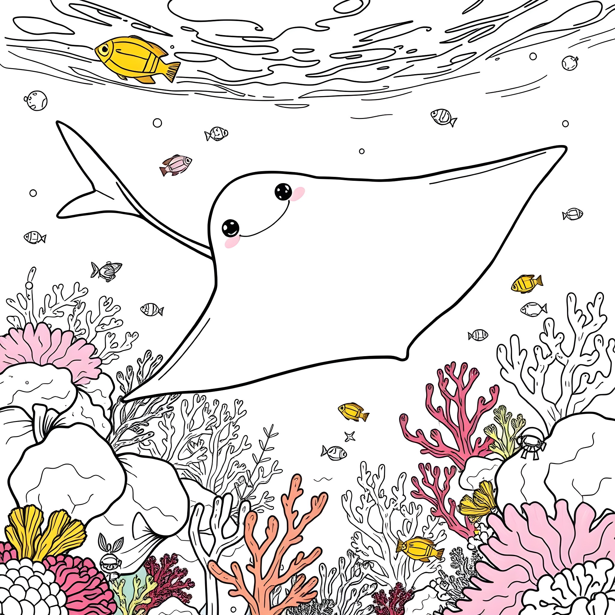 Ray exploring the vibrant underwater coral reef Coloring Page (free black-and-white line drawing printable PDF for all, from beginners to advanced learners, including children, teens, adults, and seniors)
