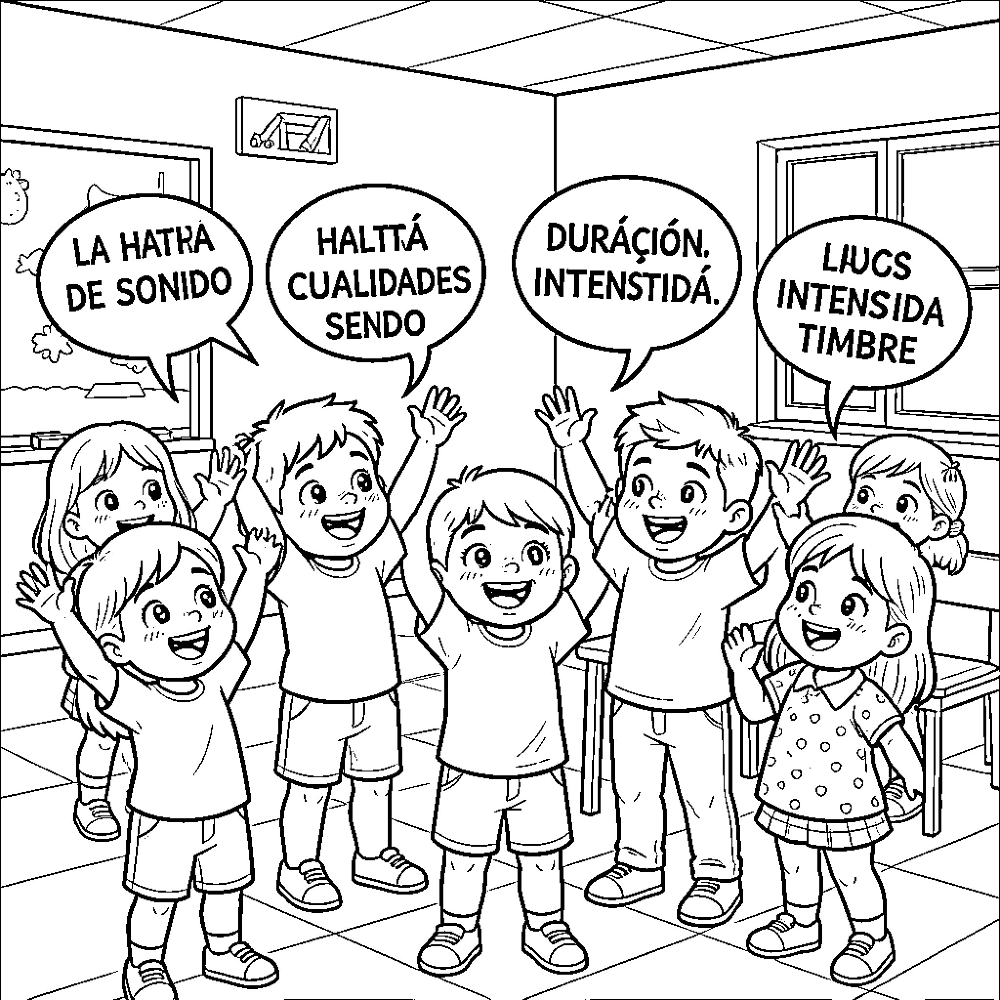 Niños jugando y aprendiendo sobre elementos de audio Coloring Page (free black-and-white line drawing printable PDF for all, from beginners to advanced learners, including children, teens, adults, and seniors)