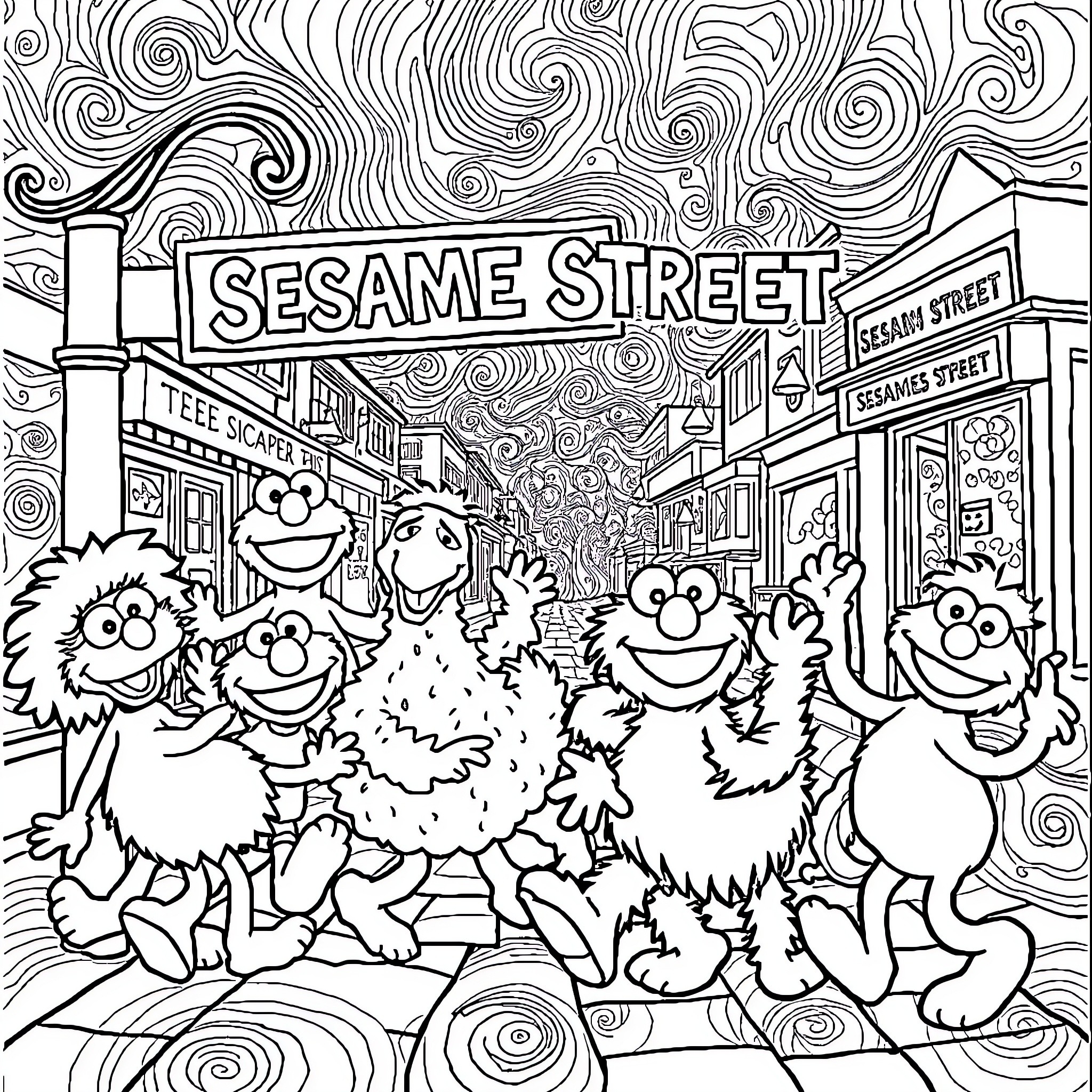 Sesame Street: Characters in a Lively Scene Coloring Page (free black-and-white line drawing printable PDF for all, from beginners to advanced learners, including children, teens, adults, and seniors)