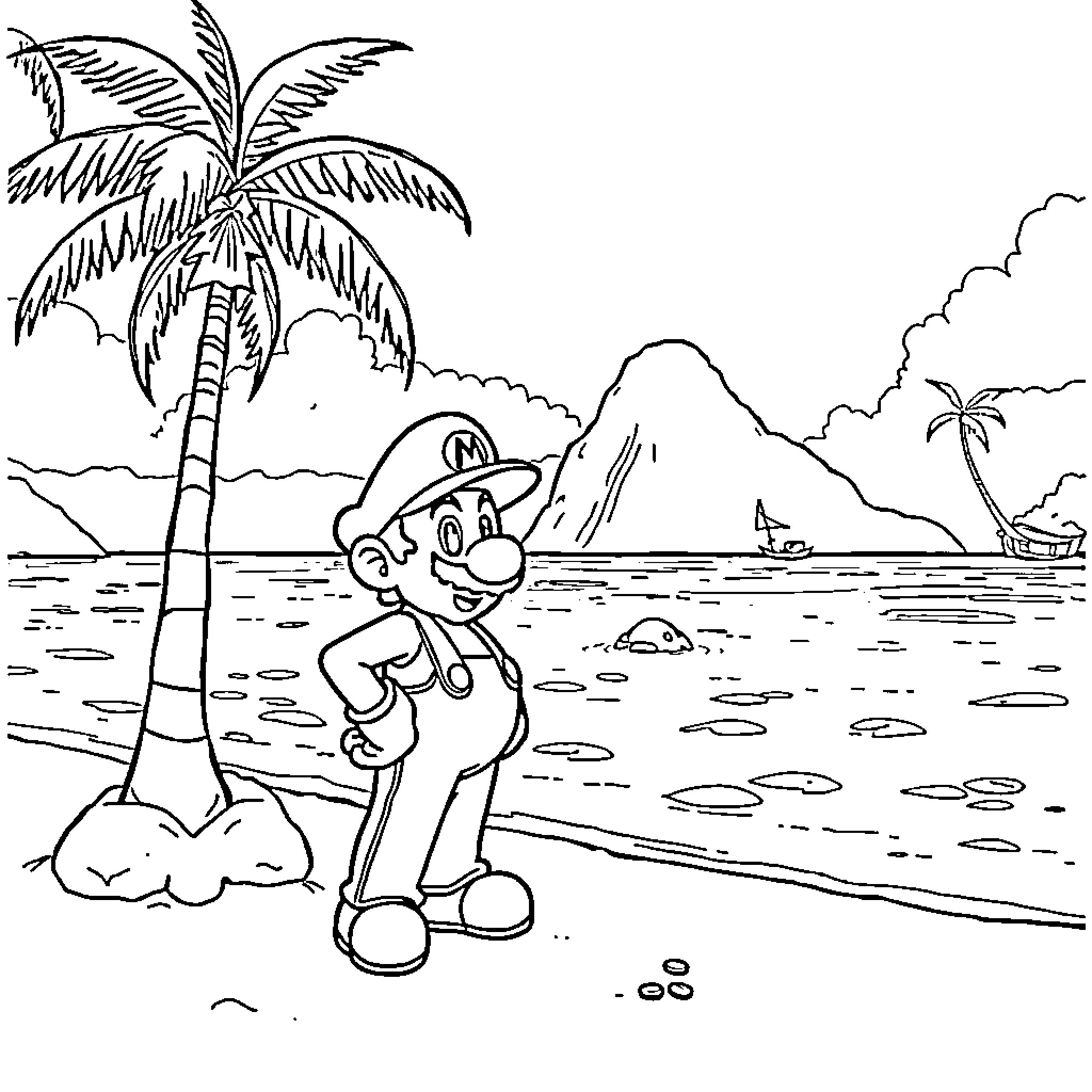 Mario explores a tropical beach scene Coloring Page (free black-and-white line drawing printable PDF for all, from beginners to advanced learners, including children, teens, adults, and seniors)