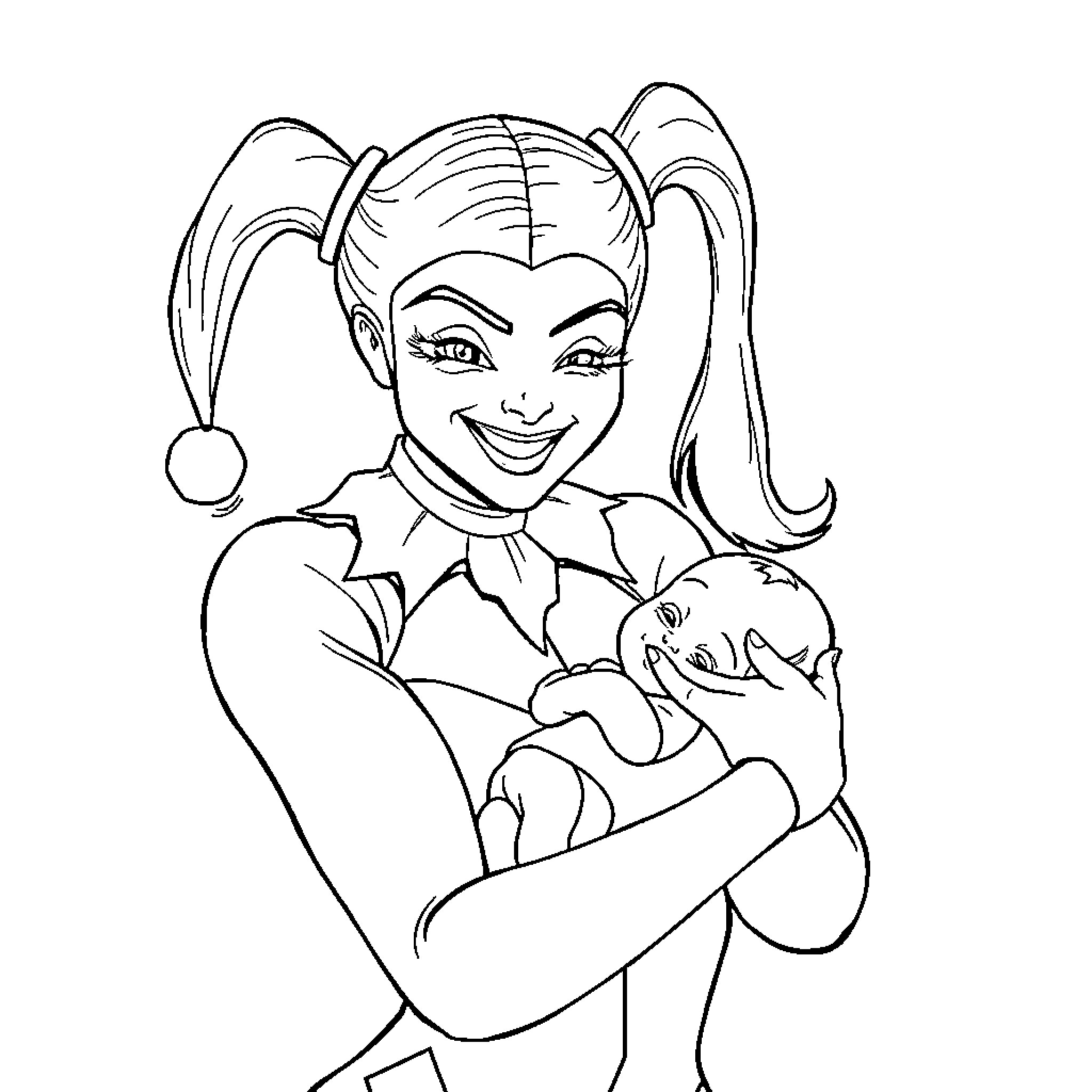 Harley Quinn in playful and mischievous pose Coloring Page (free black-and-white line drawing printable PDF for all, from beginners to advanced learners, including children, teens, adults, and seniors)