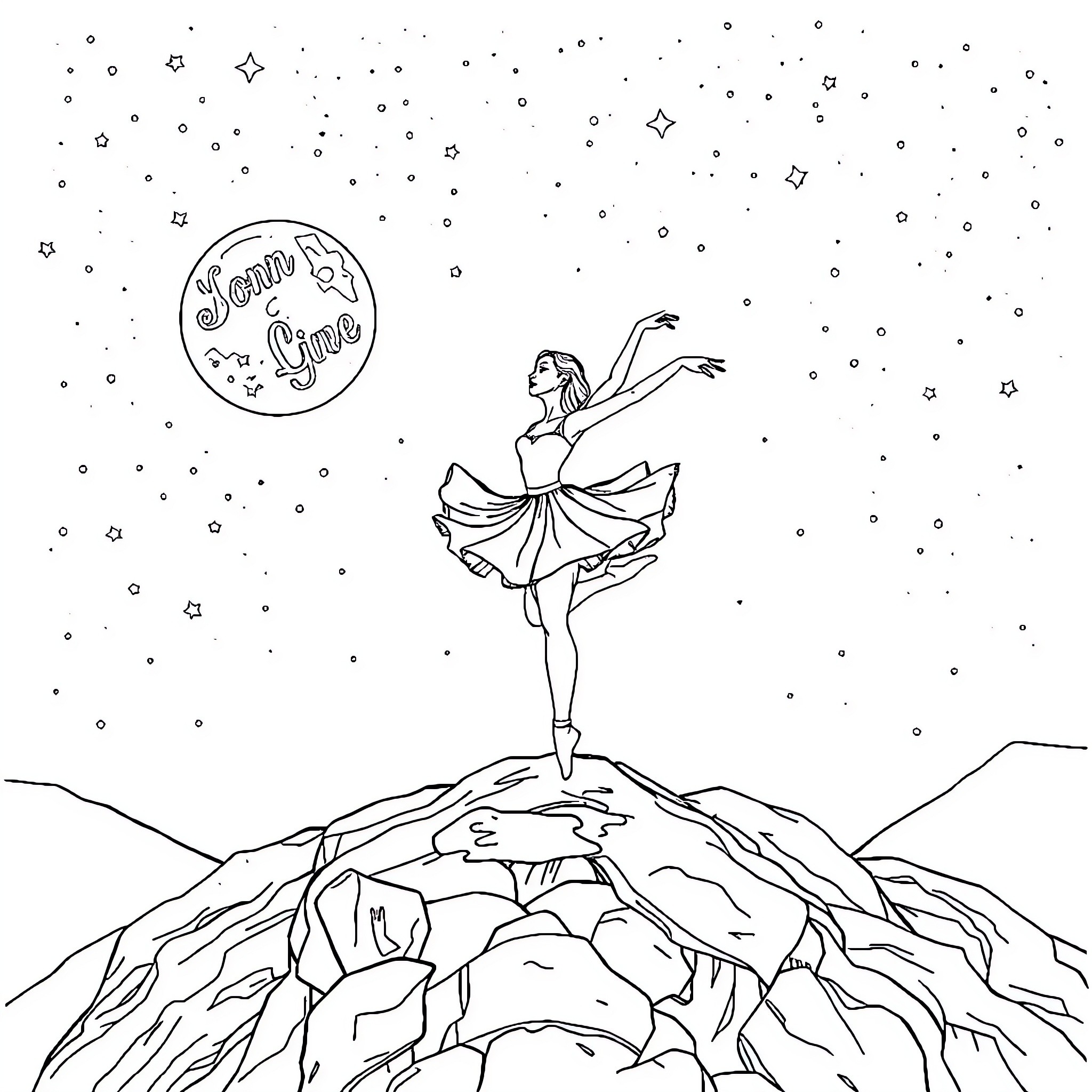 Ballet Dancer Performing under the Starry Night Sky Coloring Page (free black-and-white line drawing printable PDF for all, from beginners to advanced learners, including children, teens, adults, and seniors)