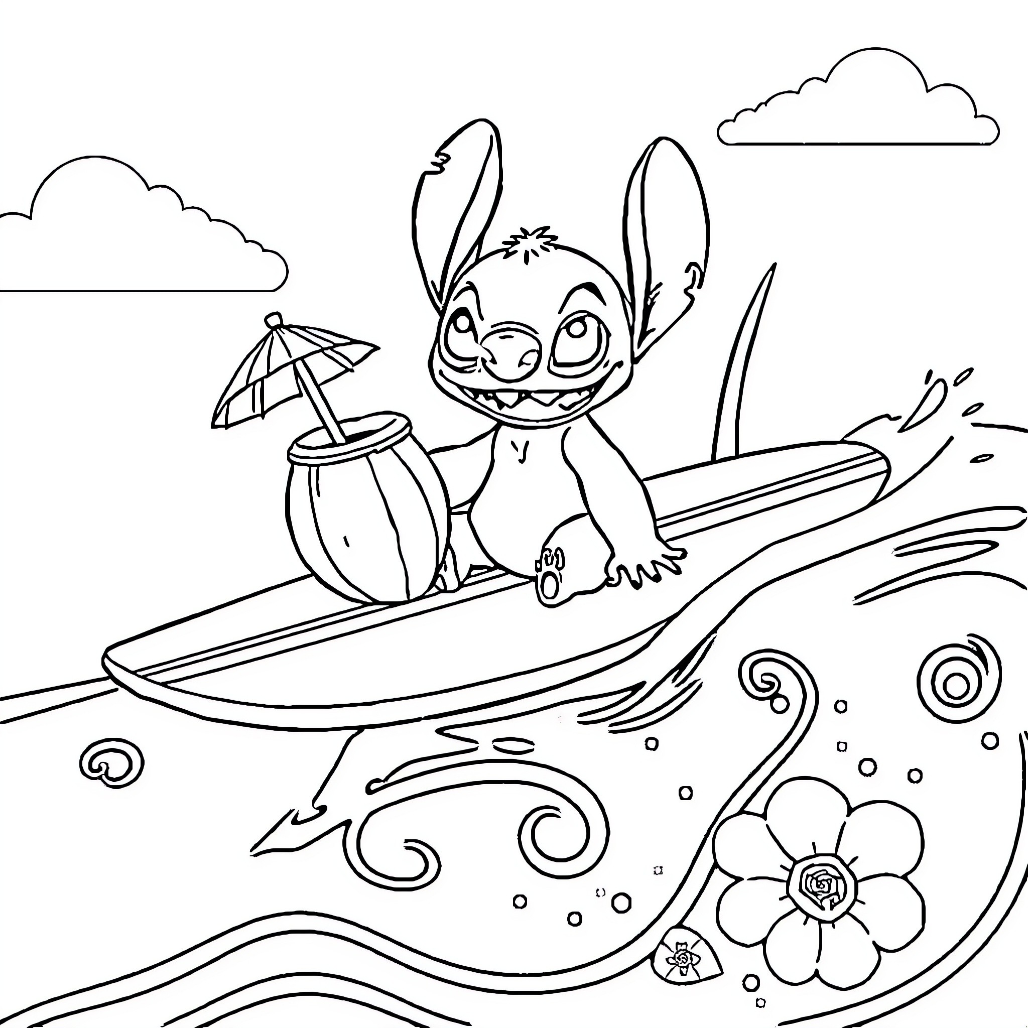 Stitch surfing on the waves with beach umbrella Coloring Page (free black-and-white line drawing printable PDF for all, from beginners to advanced learners, including children, teens, adults, and seniors)