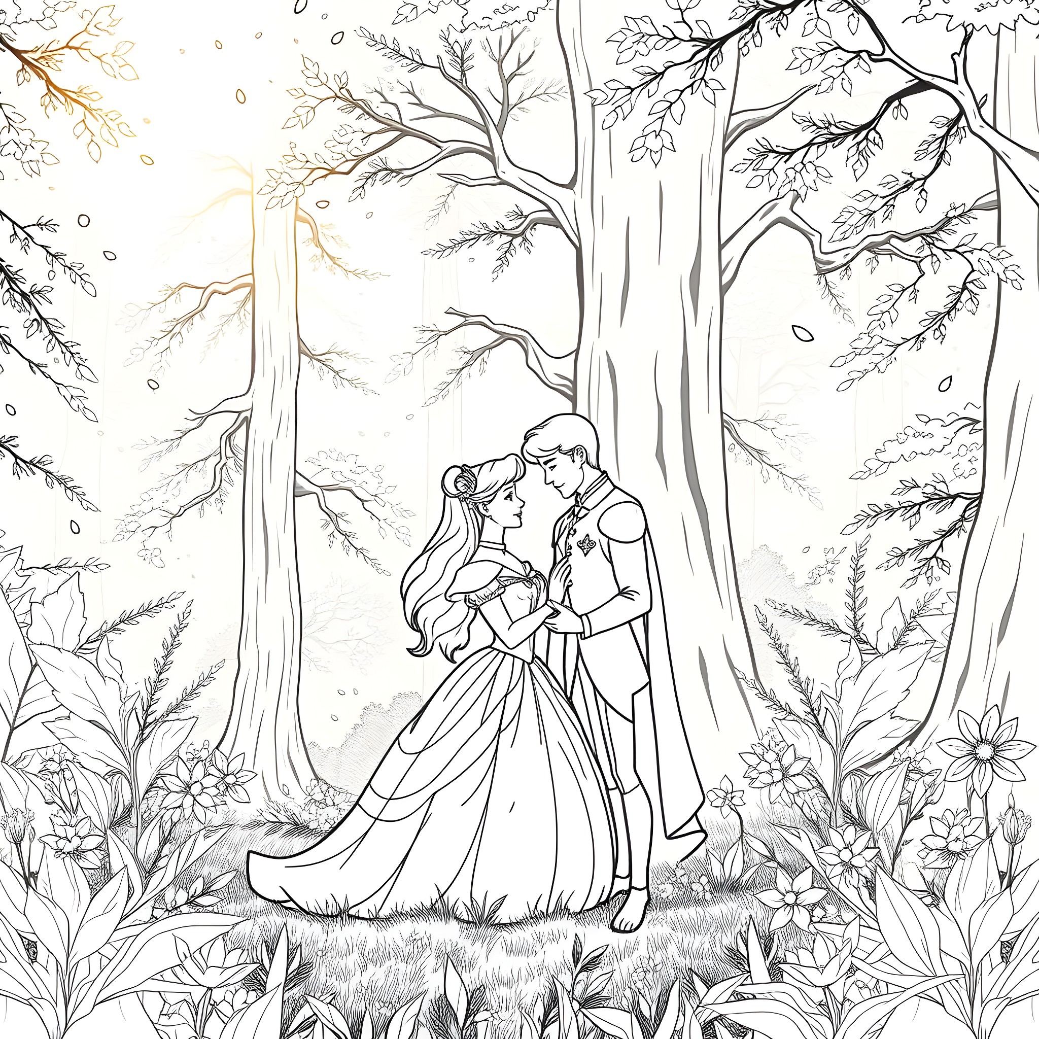 Aurora's Enchanted Forest Wedding Coloring Page (free black-and-white line drawing printable PDF for all, from beginners to advanced learners, including children, teens, adults, and seniors)