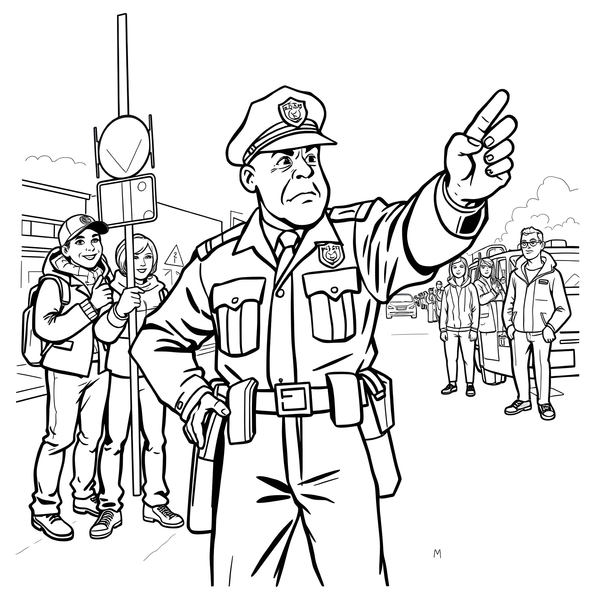 Idiot police officer making a comical gesture Coloring Page (free black-and-white line drawing printable PDF for all, from beginners to advanced learners, including children, teens, adults, and seniors)