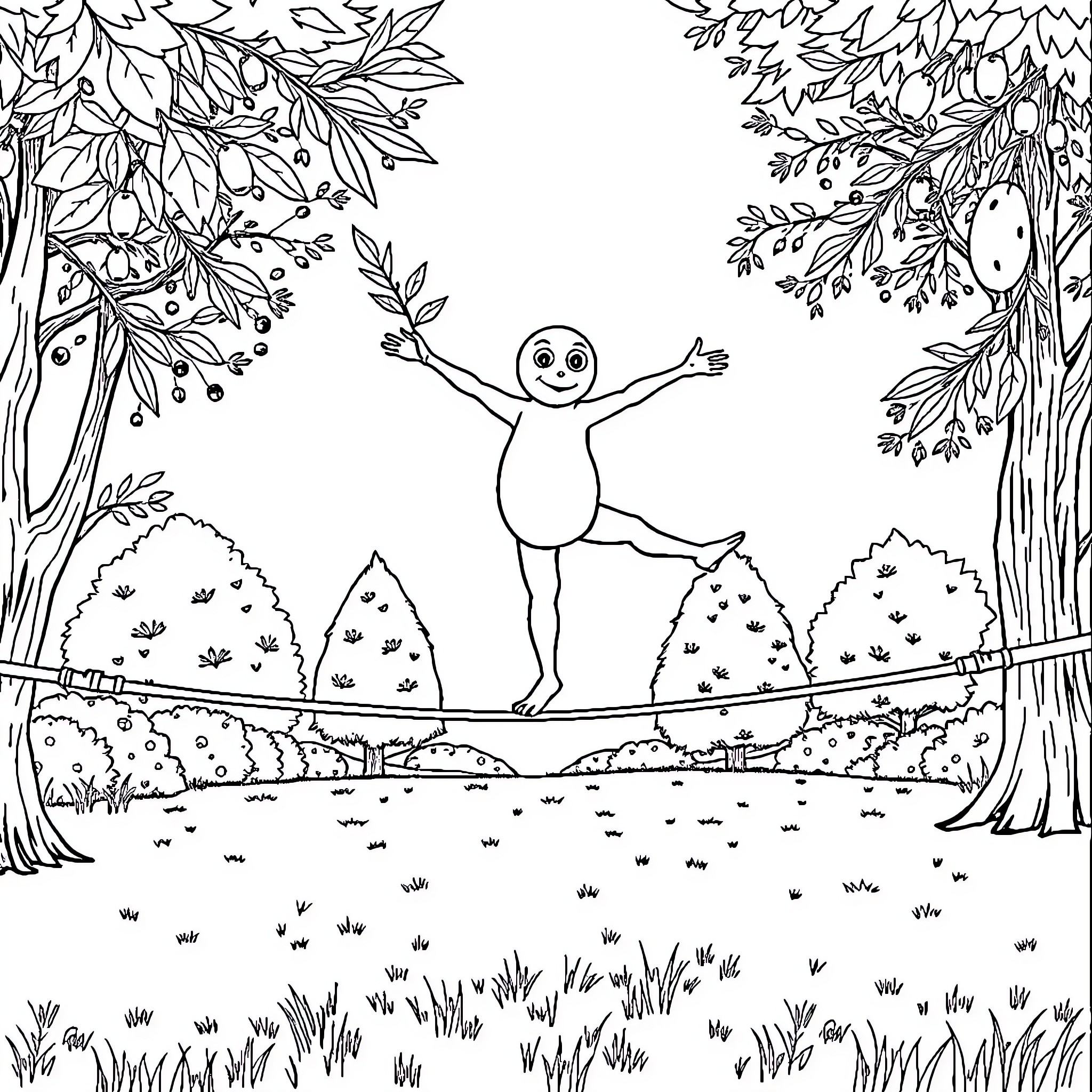 Olive's Joyful Dance in the Enchanted Forest Coloring Page (free black-and-white line drawing printable PDF for all, from beginners to advanced learners, including children, teens, adults, and seniors)