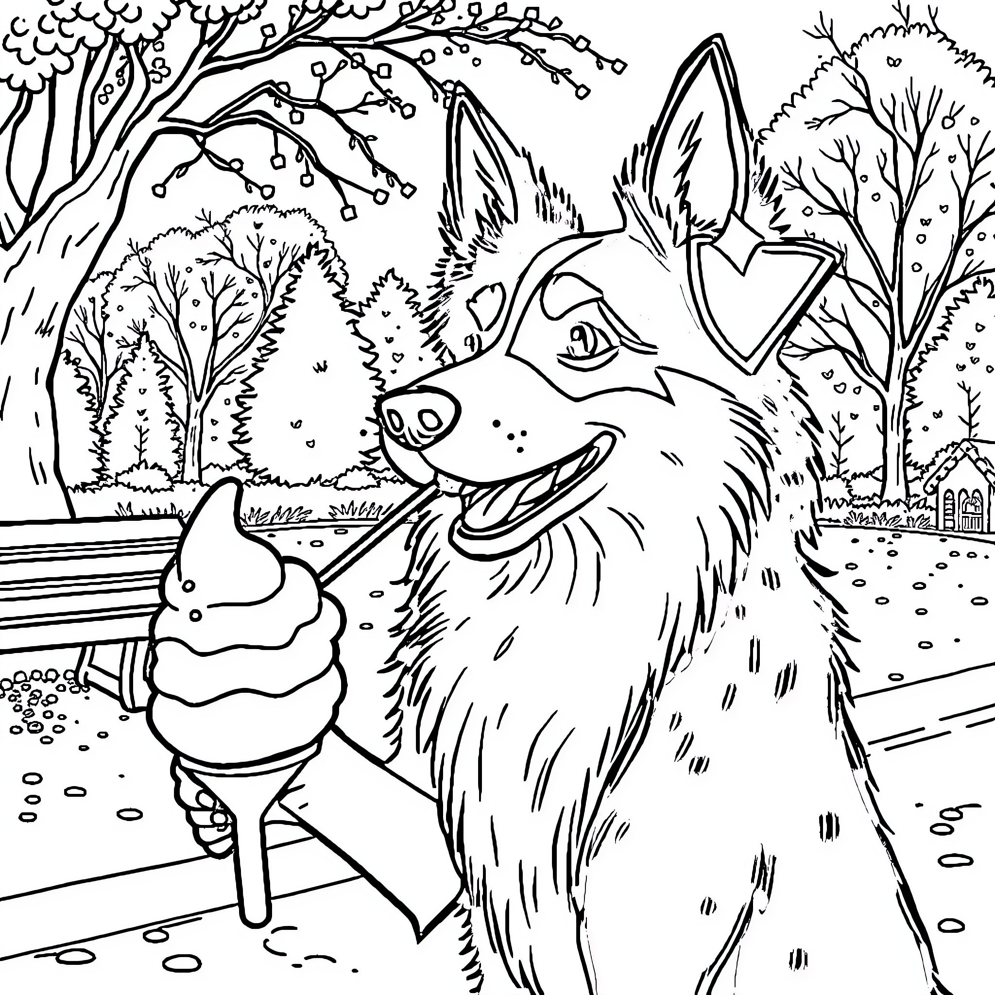 Dog enjoying ice cream on a bench in the park Coloring Page (free black-and-white line drawing printable PDF for all, from beginners to advanced learners, including children, teens, adults, and seniors)