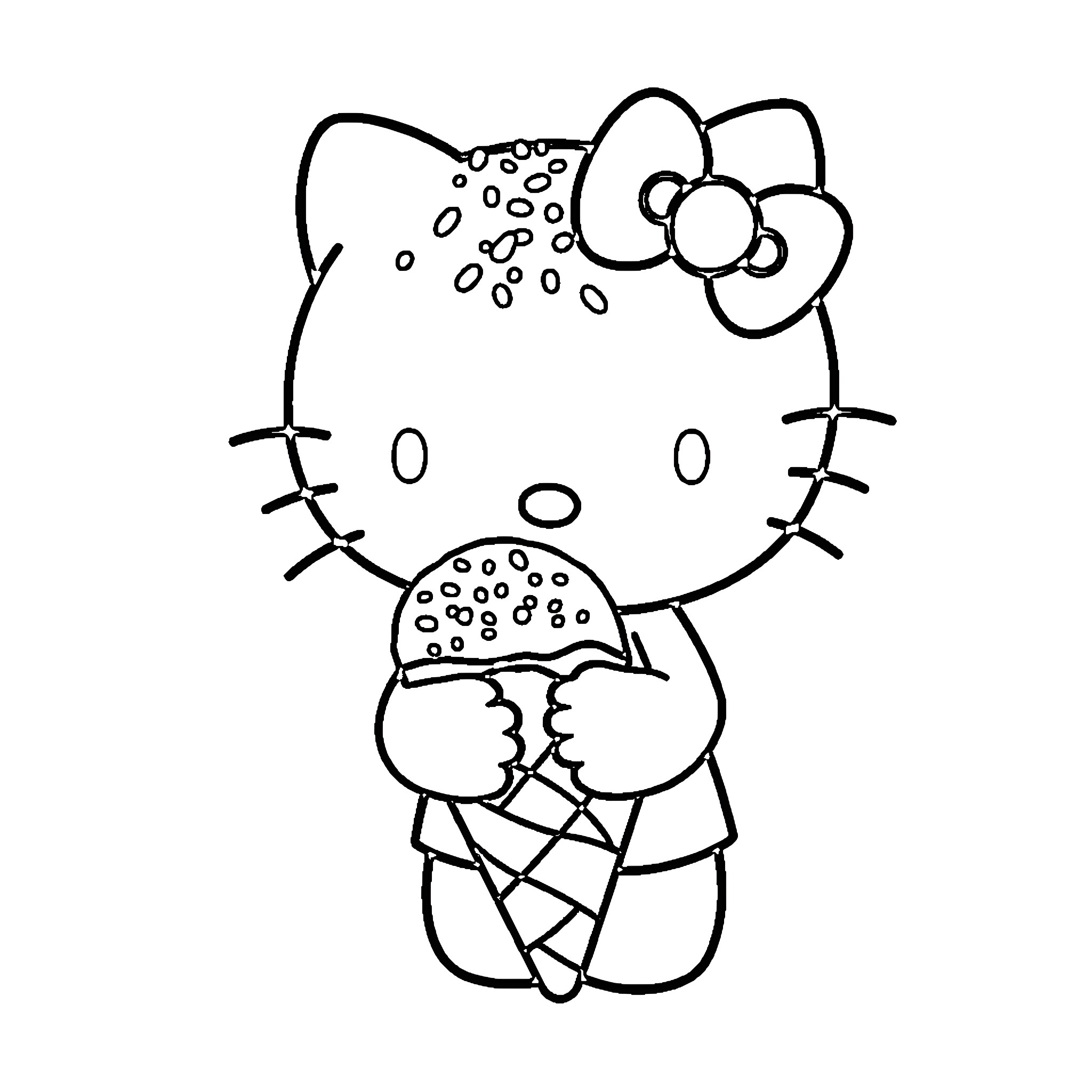 Hello Kitty enjoying an ice cream cone Coloring Page (free black-and-white line drawing printable PDF for all, from beginners to advanced learners, including children, teens, adults, and seniors)