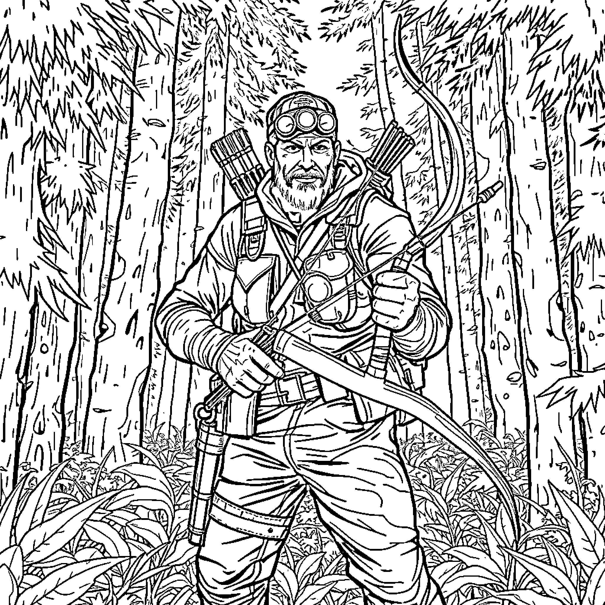 Jake Thane, the Rugged Adventurer in the Forest Coloring Page (free black-and-white line drawing printable PDF for all, from beginners to advanced learners, including children, teens, adults, and seniors)