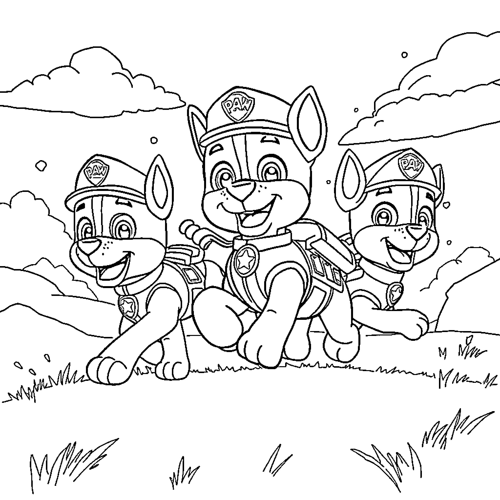 Paw Patrol Trio Exploring Outdoor Adventure Coloring Page (free black-and-white line drawing printable PDF for all, from beginners to advanced learners, including children, teens, adults, and seniors)