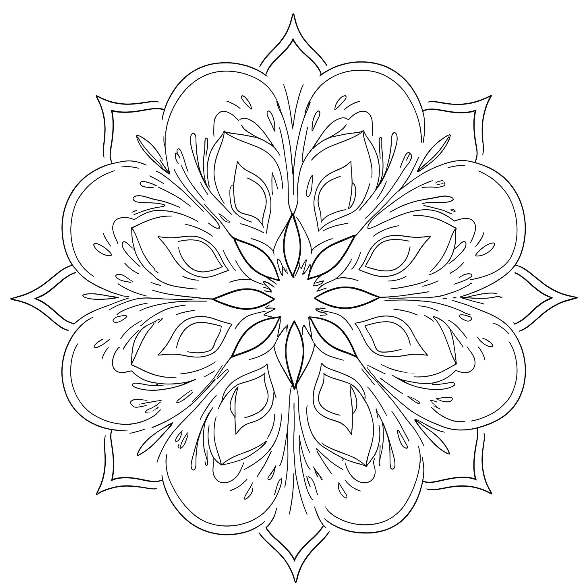 Geometric Zen Floral Mandala Coloring Page (free black-and-white line drawing printable PDF for all, from beginners to advanced learners, including children, teens, adults, and seniors)