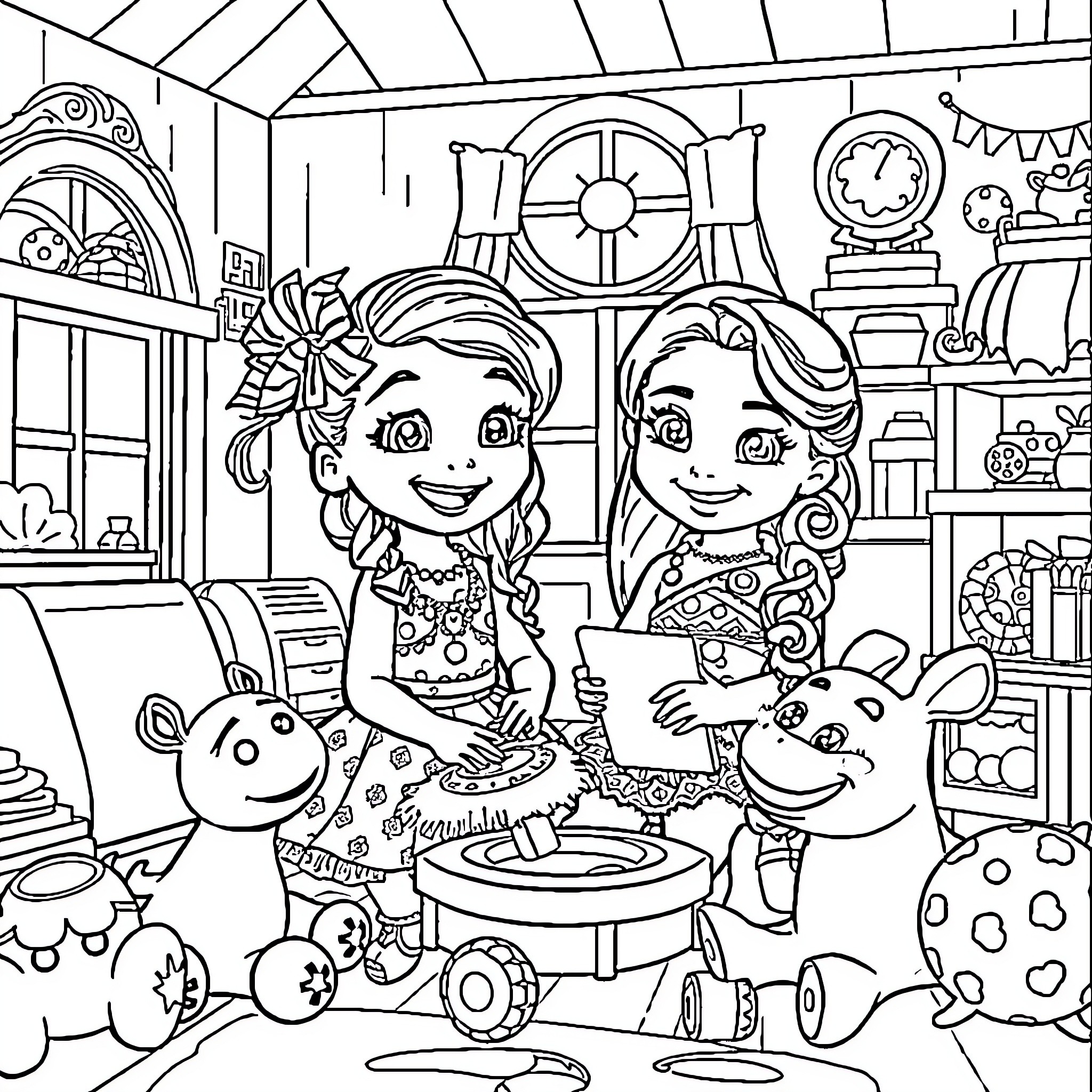 Gabby Dollhouse - Friends Playing and Exploring Coloring Page (free black-and-white line drawing printable PDF for all, from beginners to advanced learners, including children, teens, adults, and seniors)