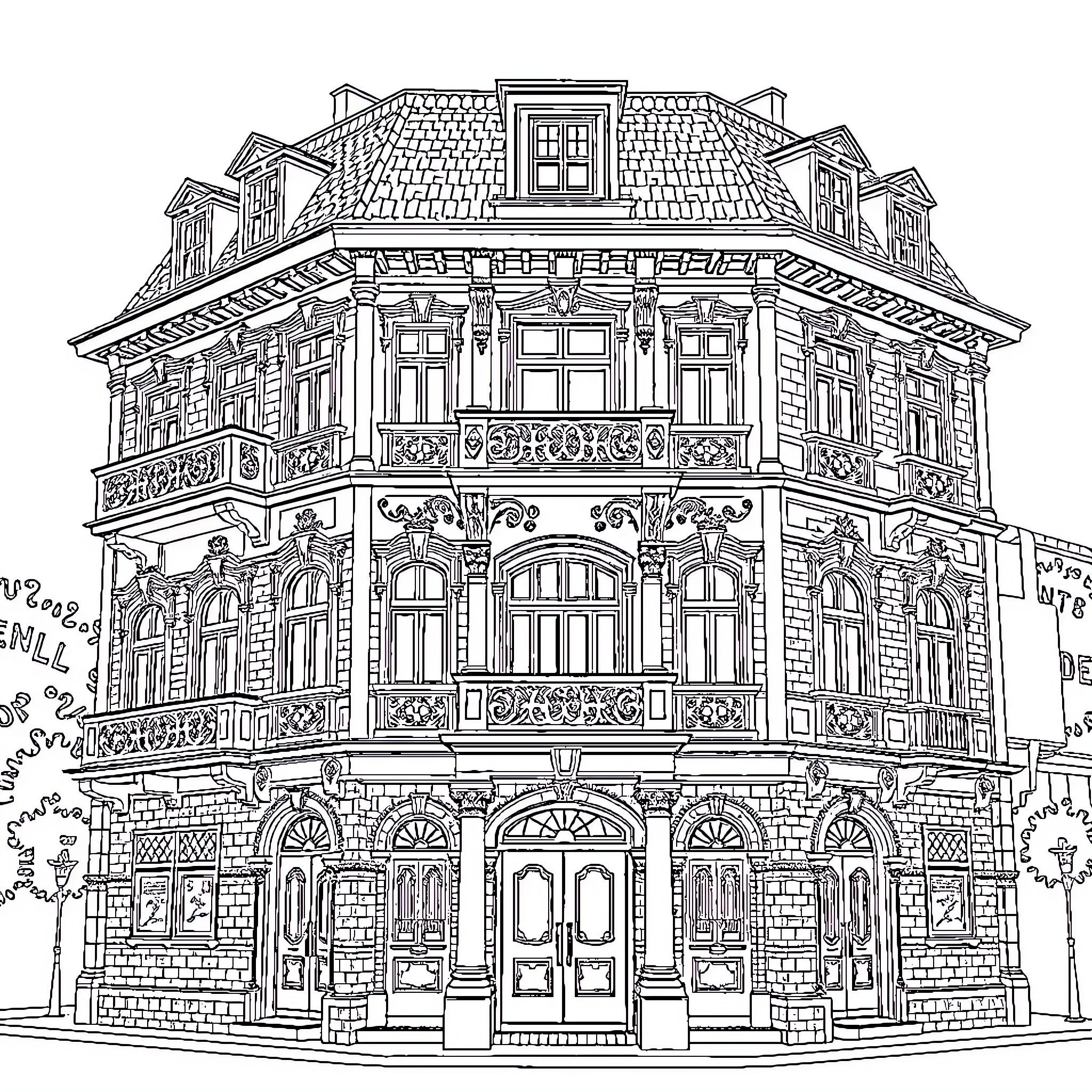 Building with ornate architecture and storefront details Coloring Page (free black-and-white line drawing printable PDF for all, from beginners to advanced learners, including children, teens, adults, and seniors)