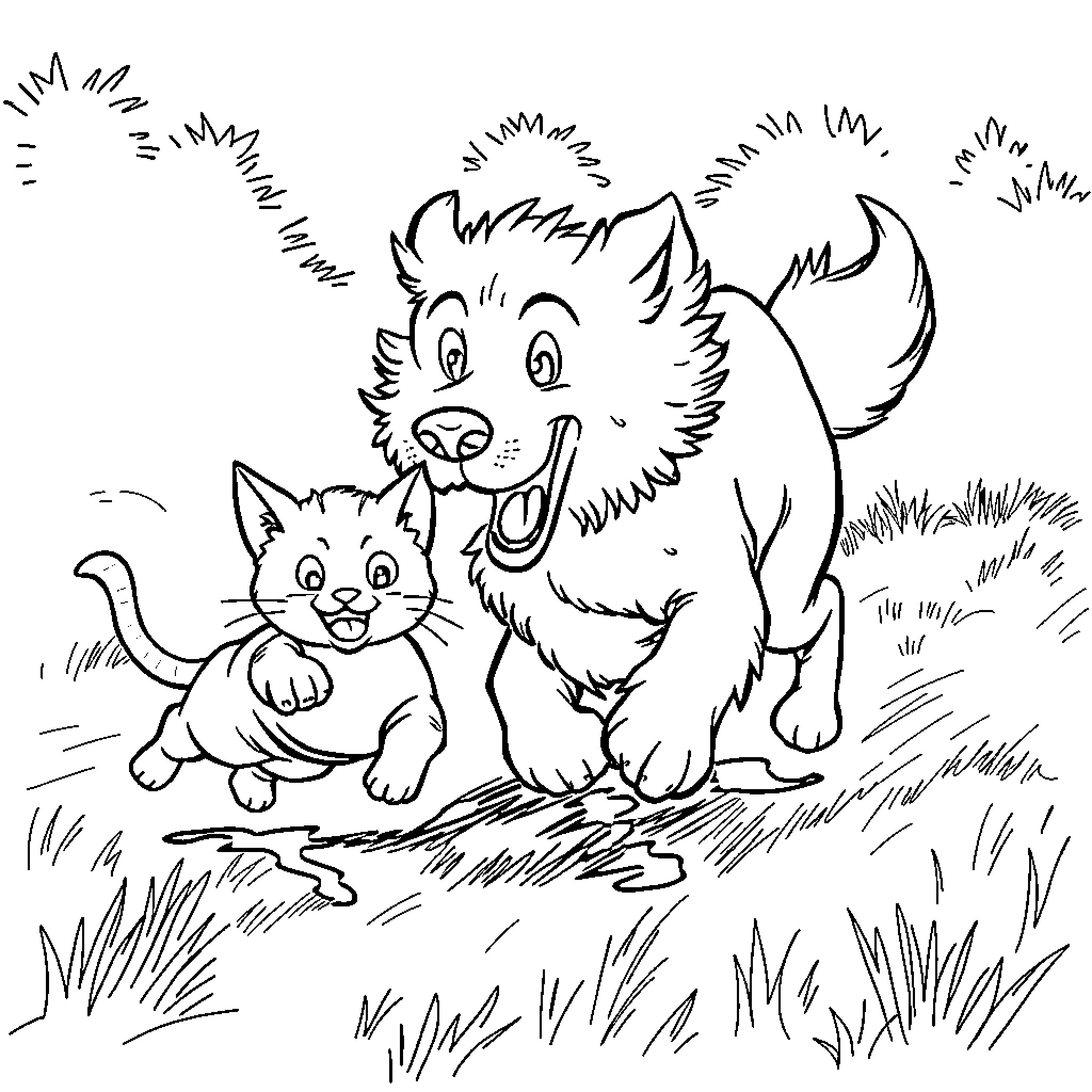Dog and Cat Playing Joyfully in the Grass Coloring Page (free black-and-white line drawing printable PDF for all, from beginners to advanced learners, including children, teens, adults, and seniors)