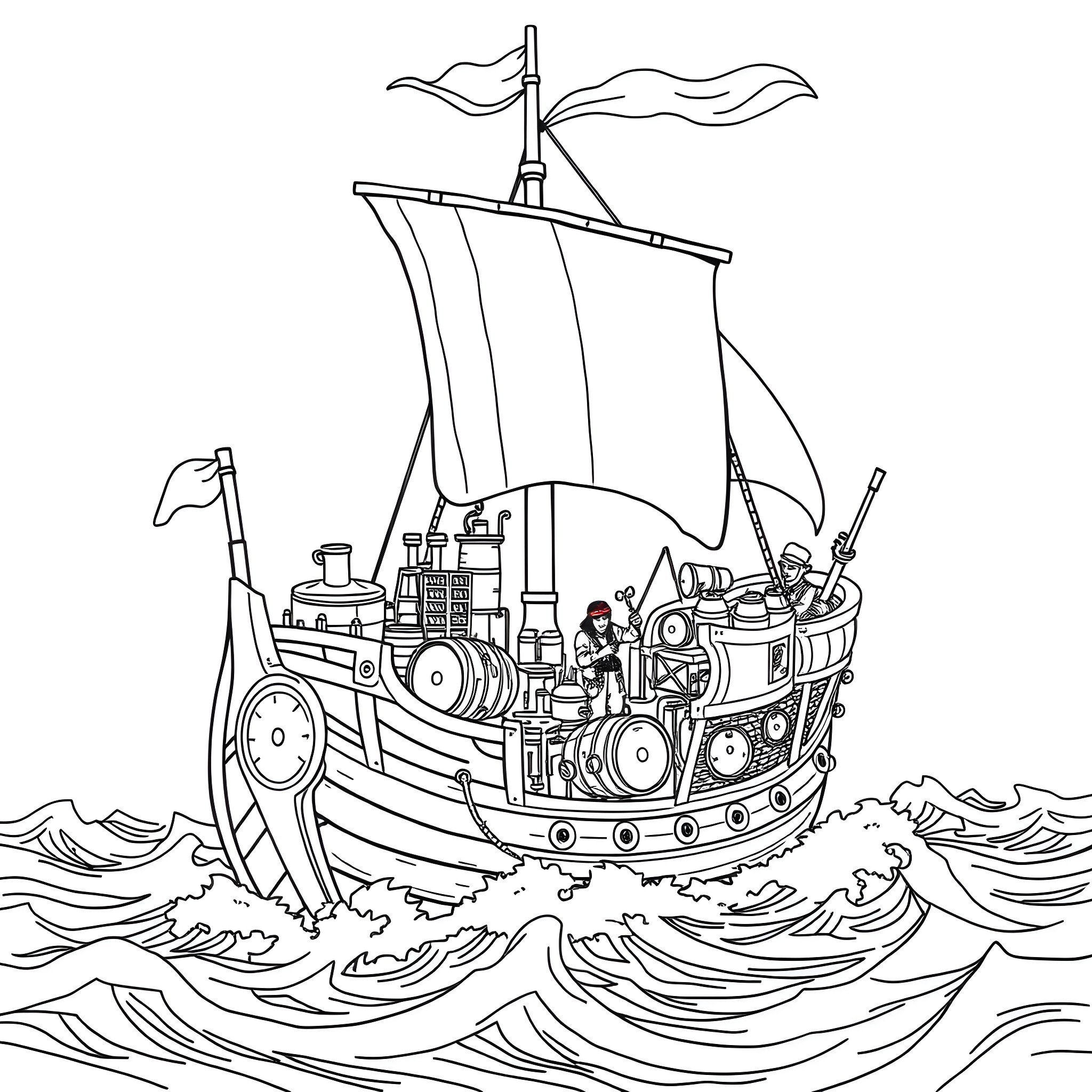 Pirate Ship Sailing Through Stormy Seas Coloring Page (free black-and-white line drawing printable PDF for all, from beginners to advanced learners, including children, teens, adults, and seniors)