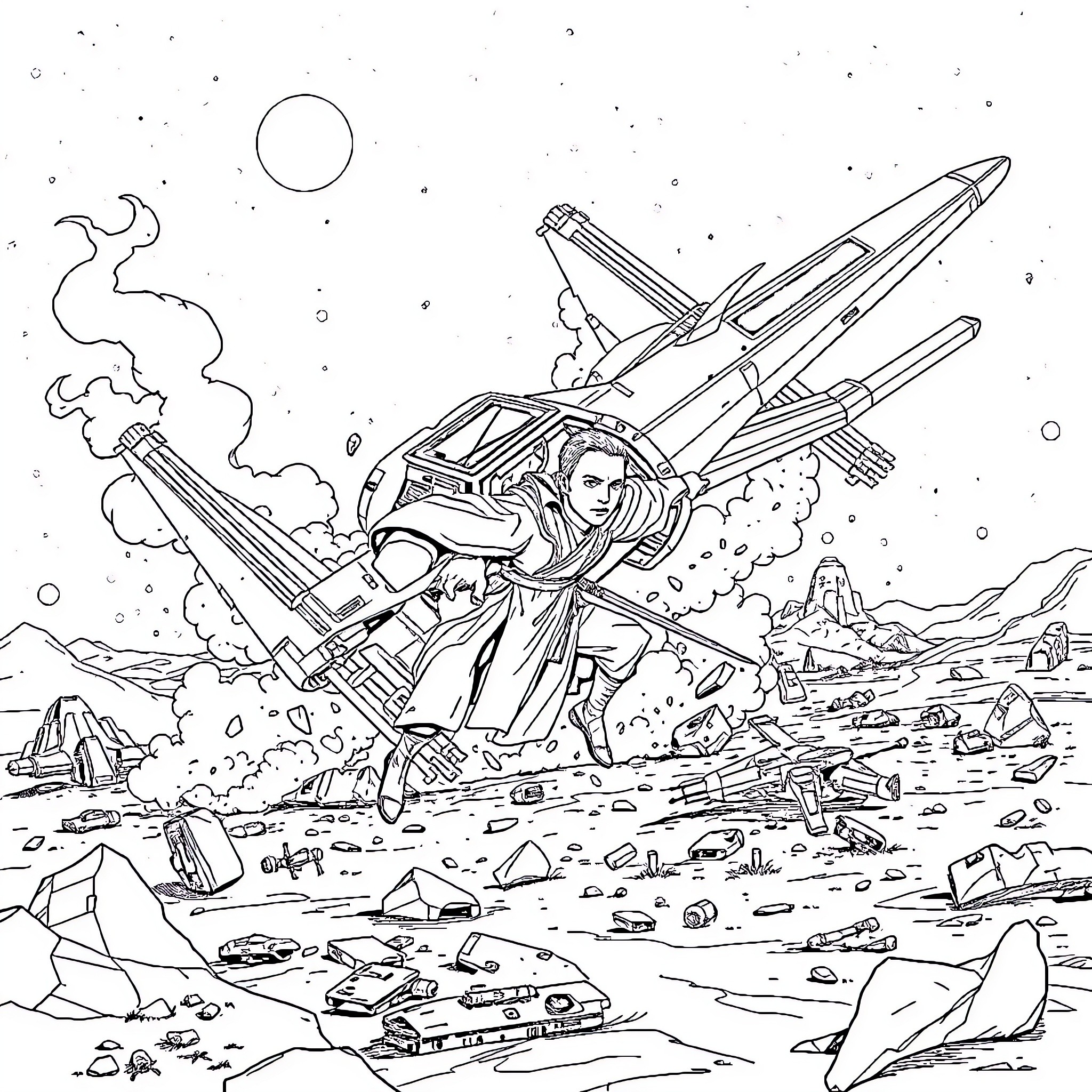 Jedi battling in a futuristic landscape Coloring Page (free black-and-white line drawing printable PDF for all, from beginners to advanced learners, including children, teens, adults, and seniors)